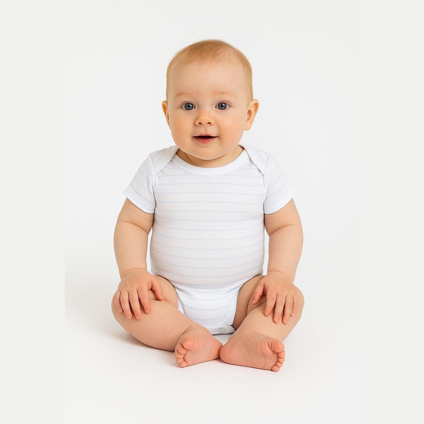 Single white baby bodysuit with light blue horizontal stripes displayed flat on white background showing front view with short sleeves