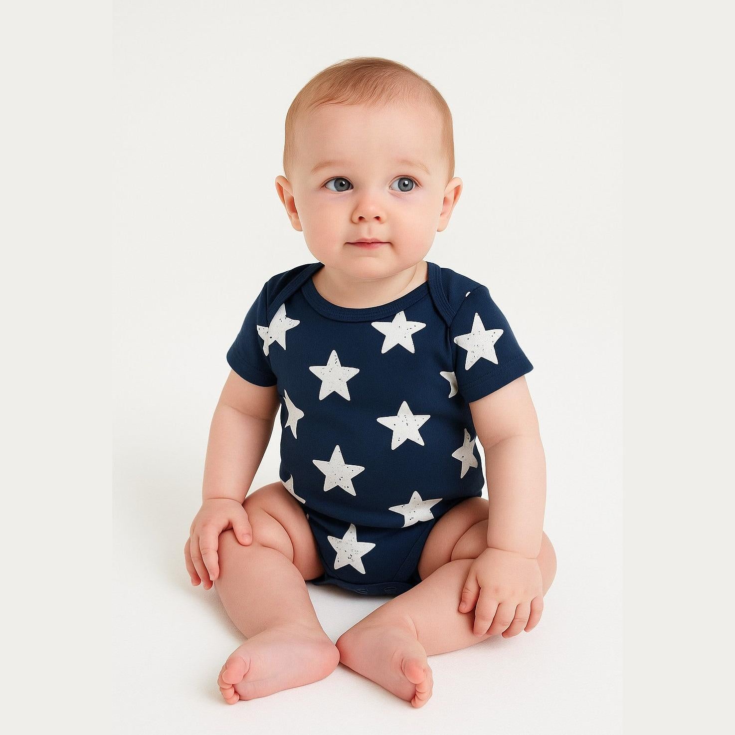 Single navy blue bodysuit with white star pattern displayed flat showing back view with envelope neckline on white background