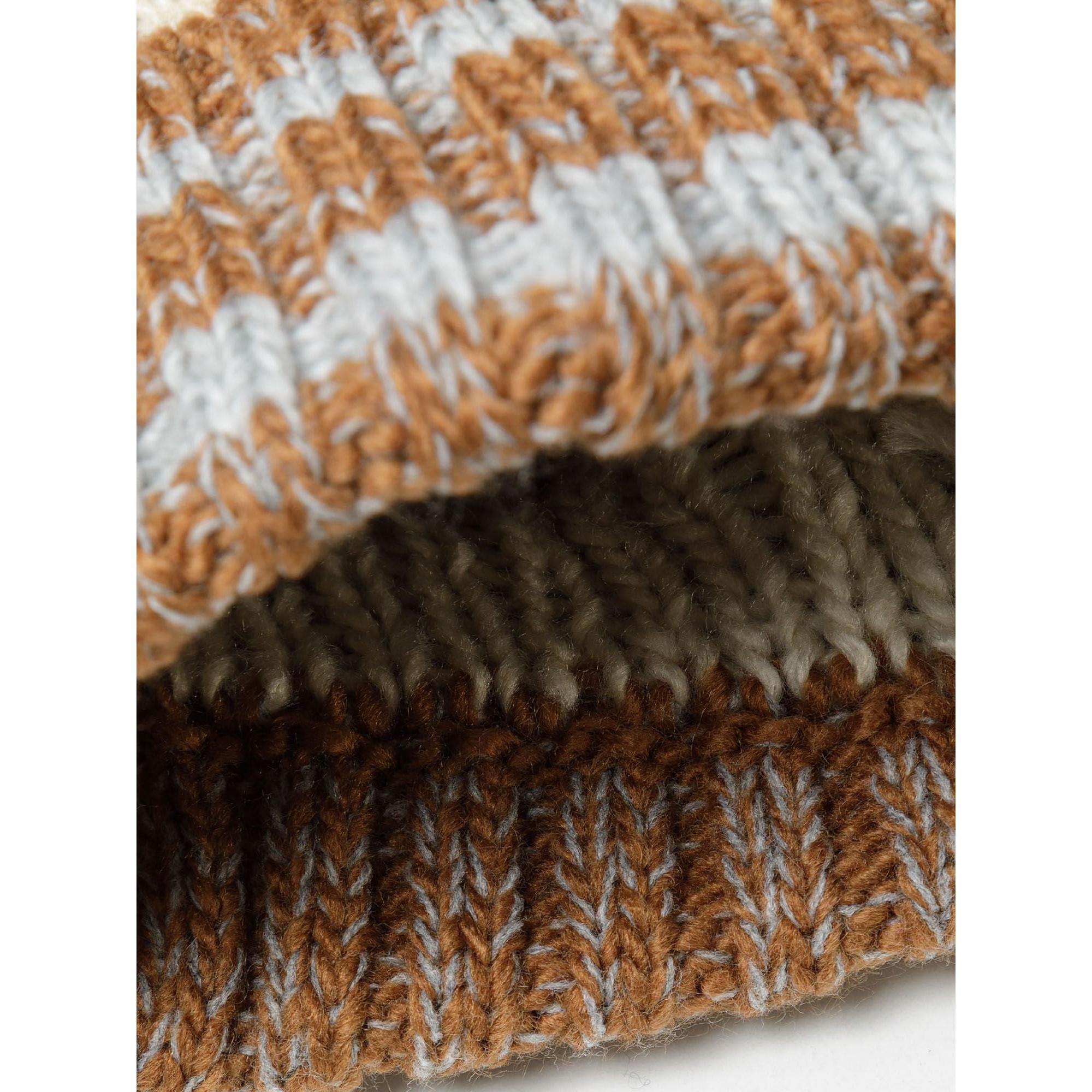 Detail view of ribbed cuff showing brown and cream striped pattern with textured knit construction