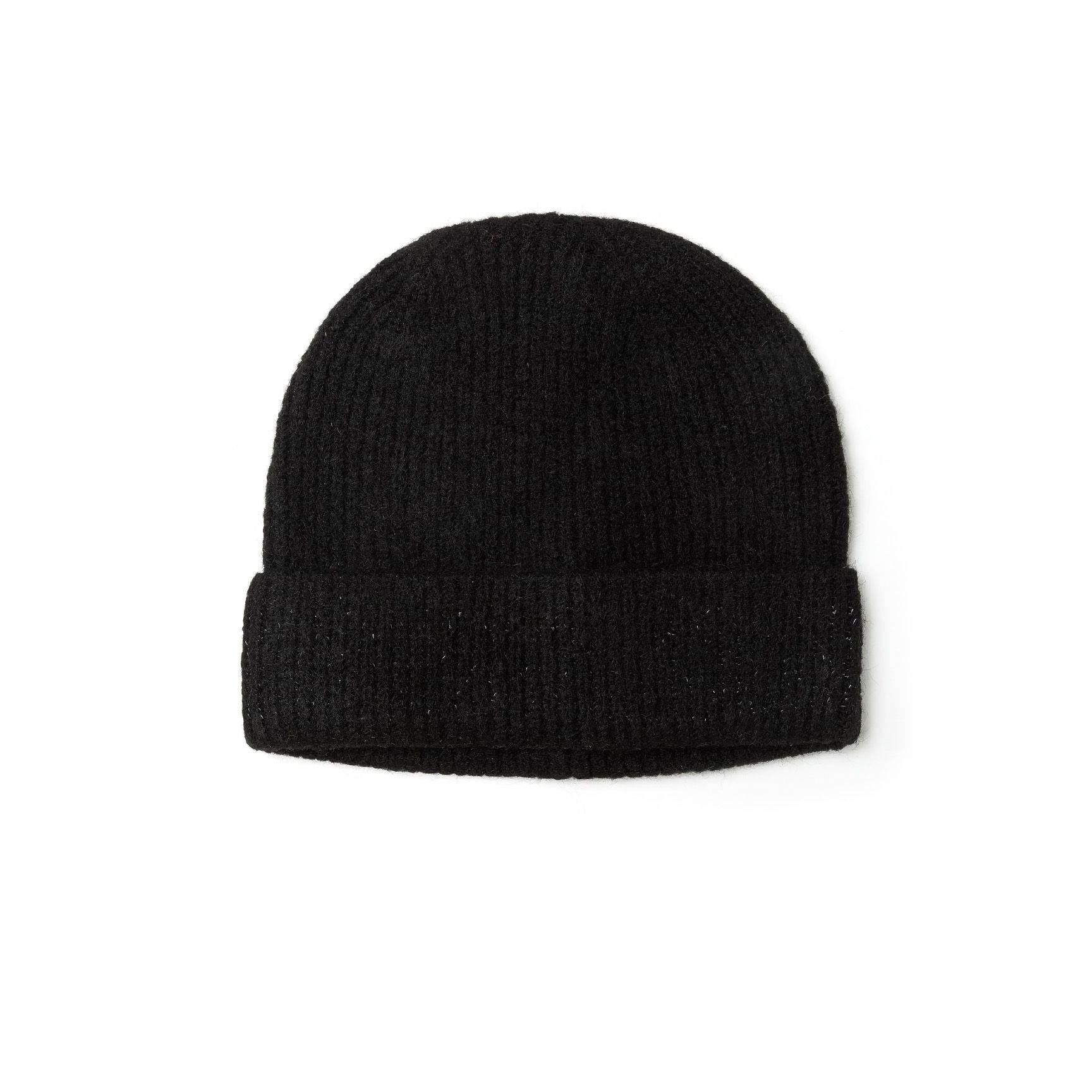 Black ribbed knit beanie hat displayed on white background, showing the classic folded cuff design and textured knit pattern