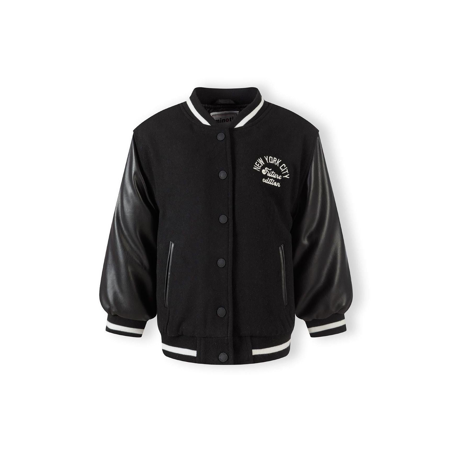 Black baseball jacket laid flat showing front view with New York City Future Edition print, button fastening, and contrast ribbed trims