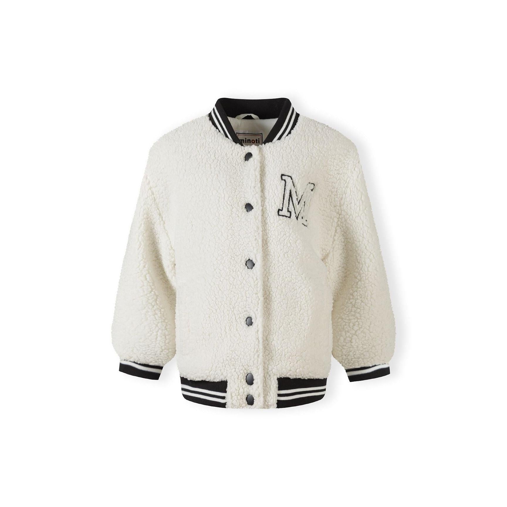 Cream borg baseball jacket laid flat showing front view with embroidered M detail, black ribbed collar and cuffs, button closure