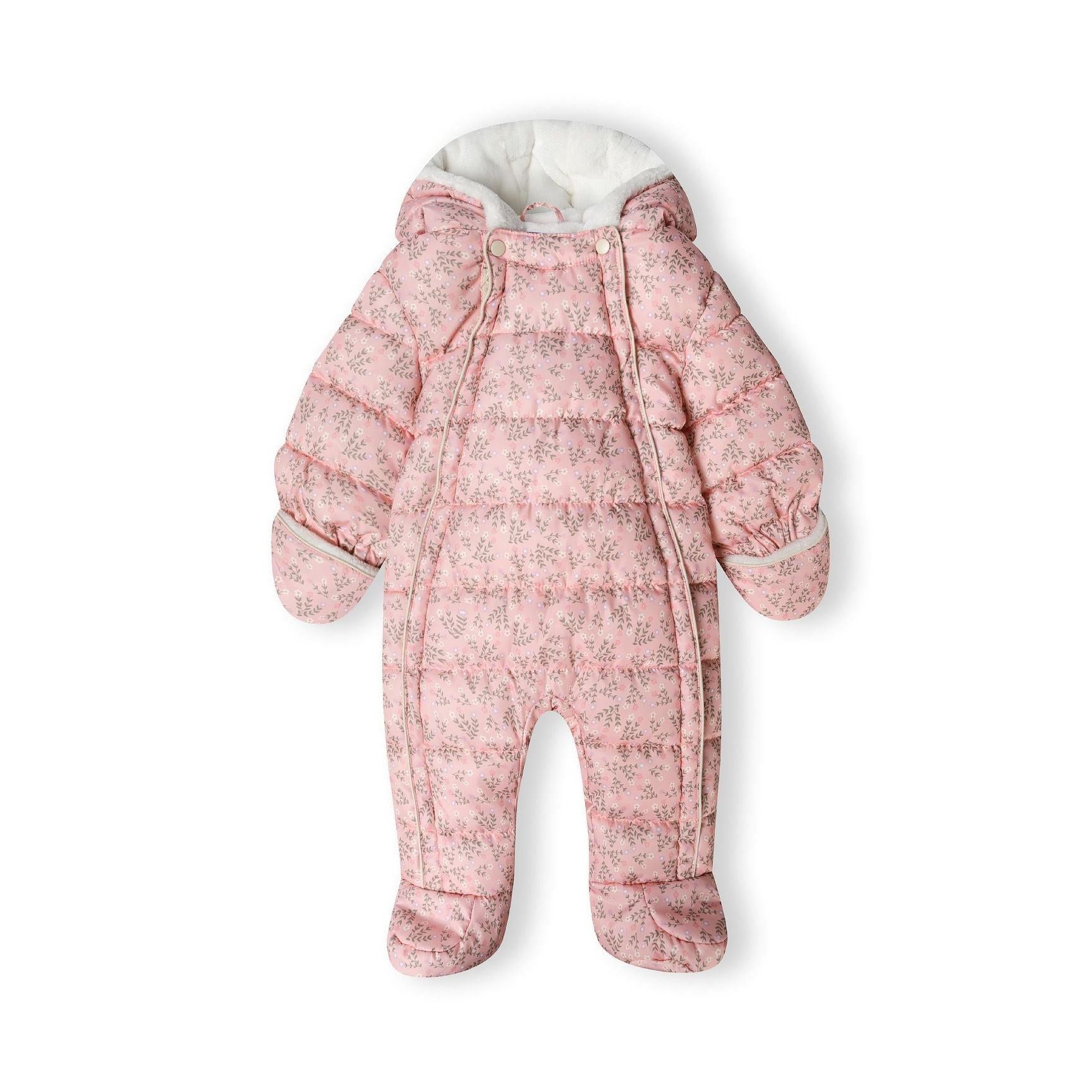 Baby snowsuit in light pink with white floral print, featuring quilted design, white lined hood and built-in mittens on white background