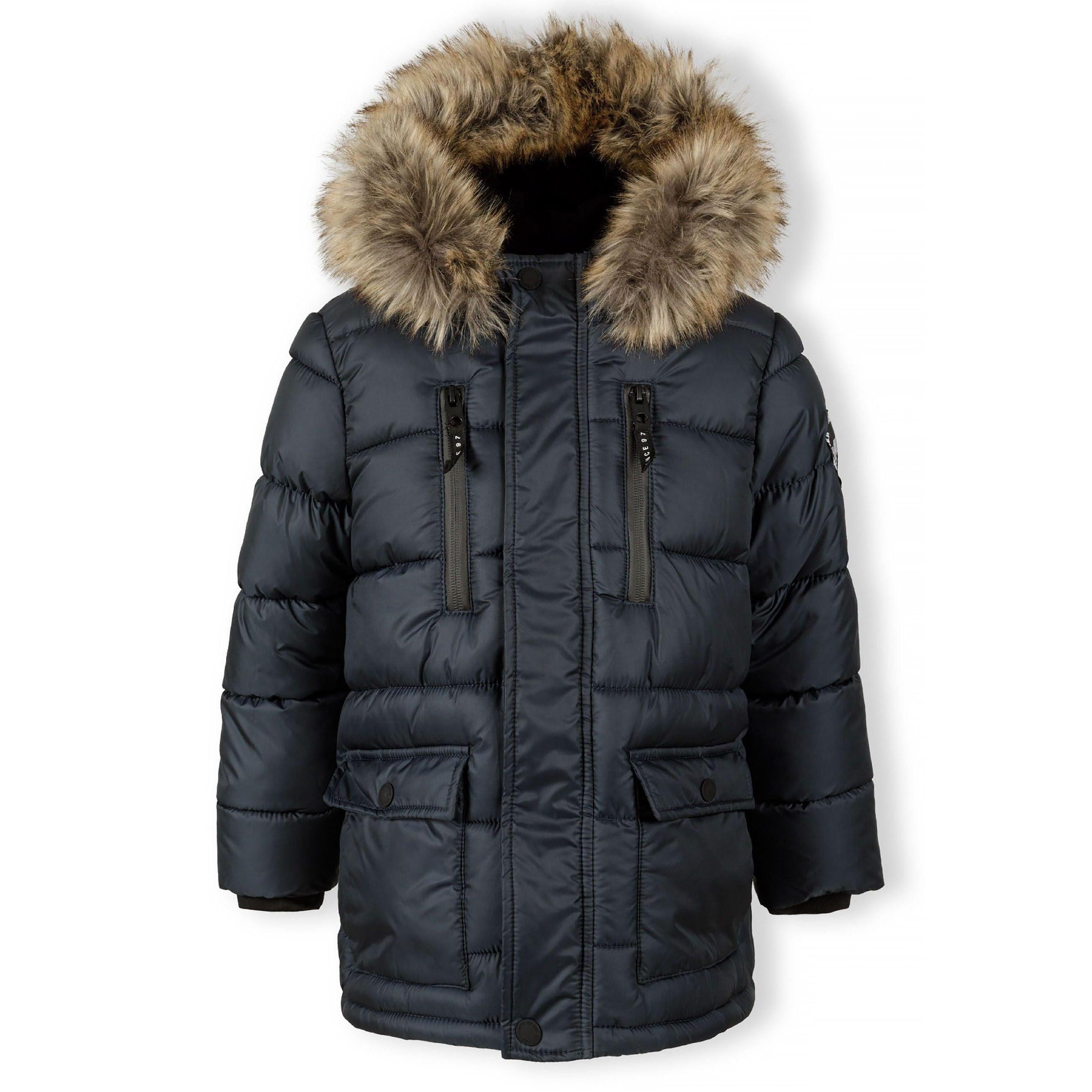 Navy quilted jacket laid flat showing faux fur hood trim, double zip closure and multiple pockets on white background