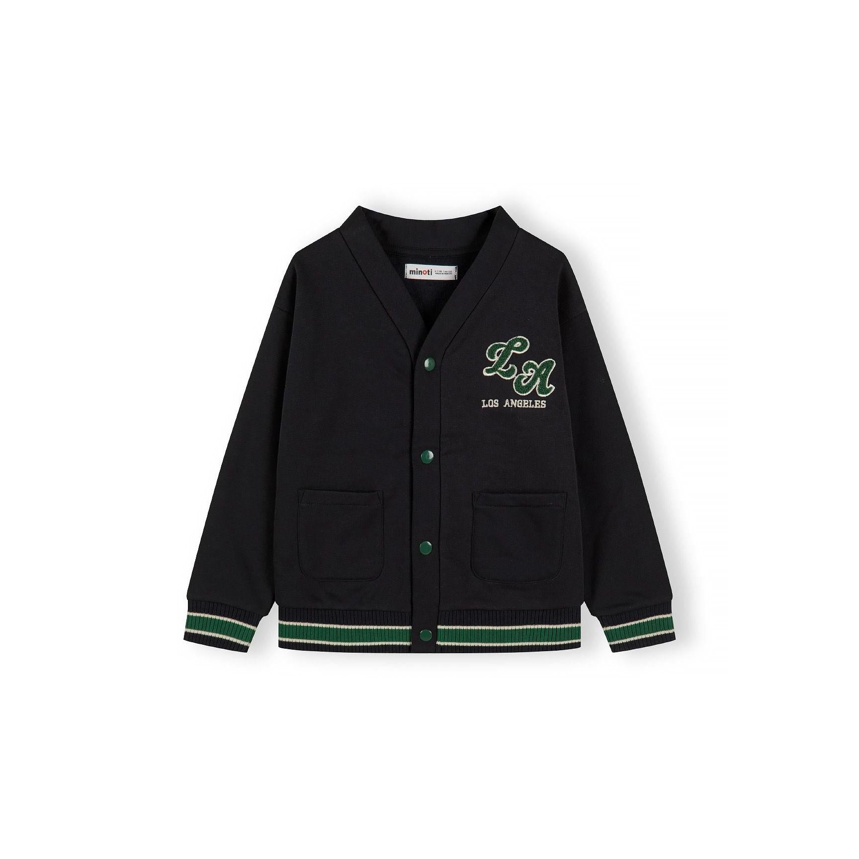 Back view of navy cardigan laid flat showing ribbed cuffs with green and white stripe detail on white background