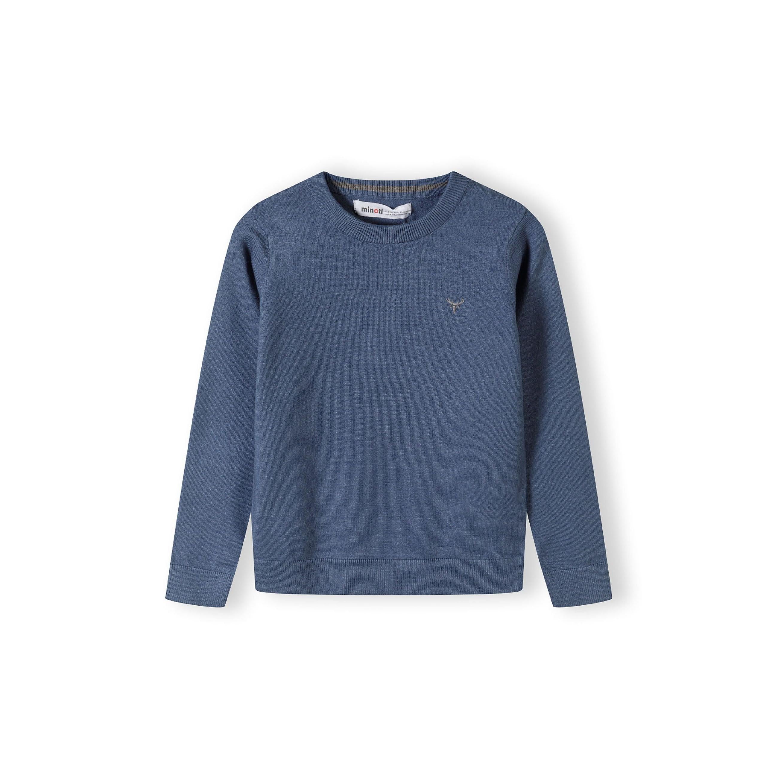 Back view of blue fine knit jumper showing plain design and ribbed hem detail on white background