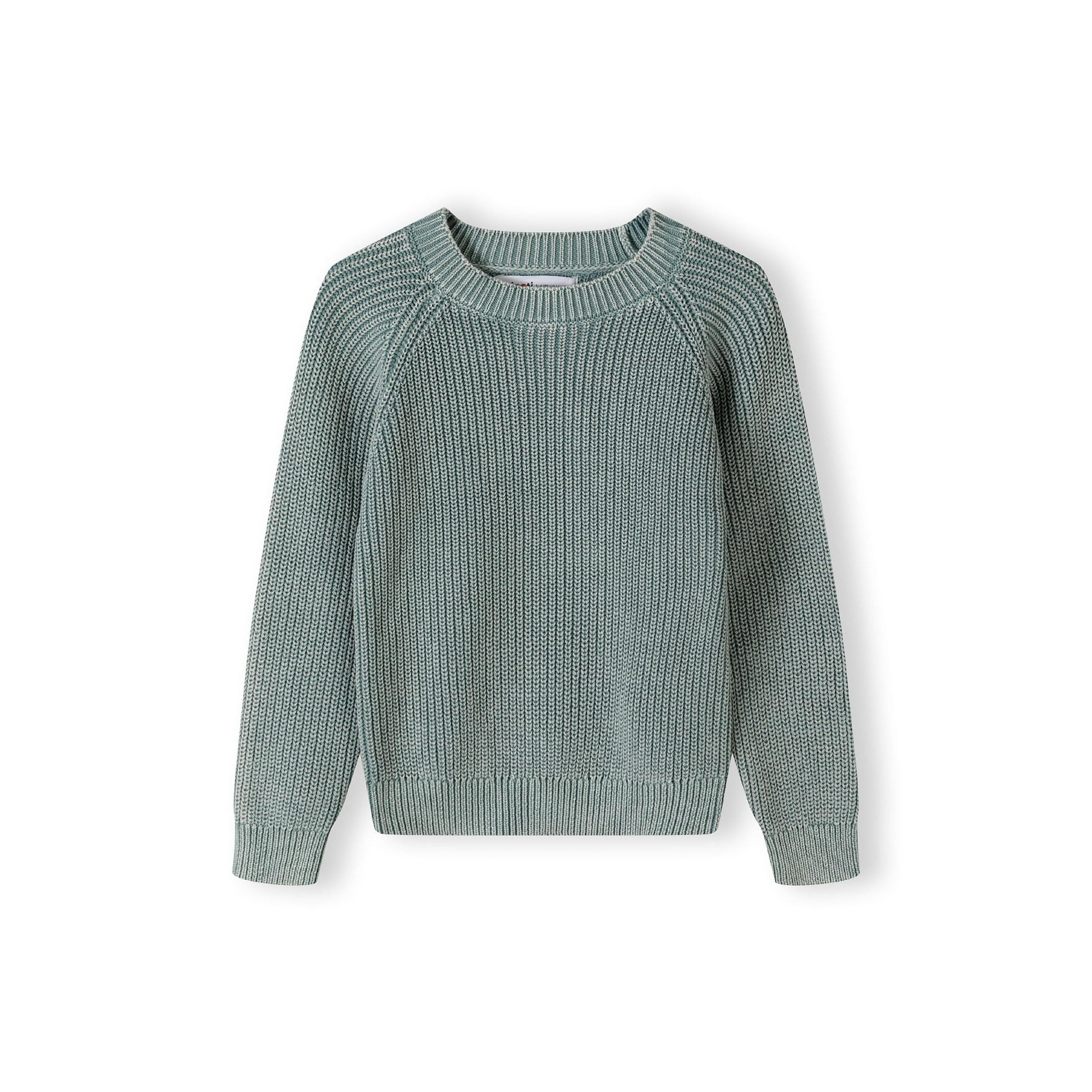 Flat lay of khaki knit jumper showing raglan sleeve construction and ribbed crew neckline on white background