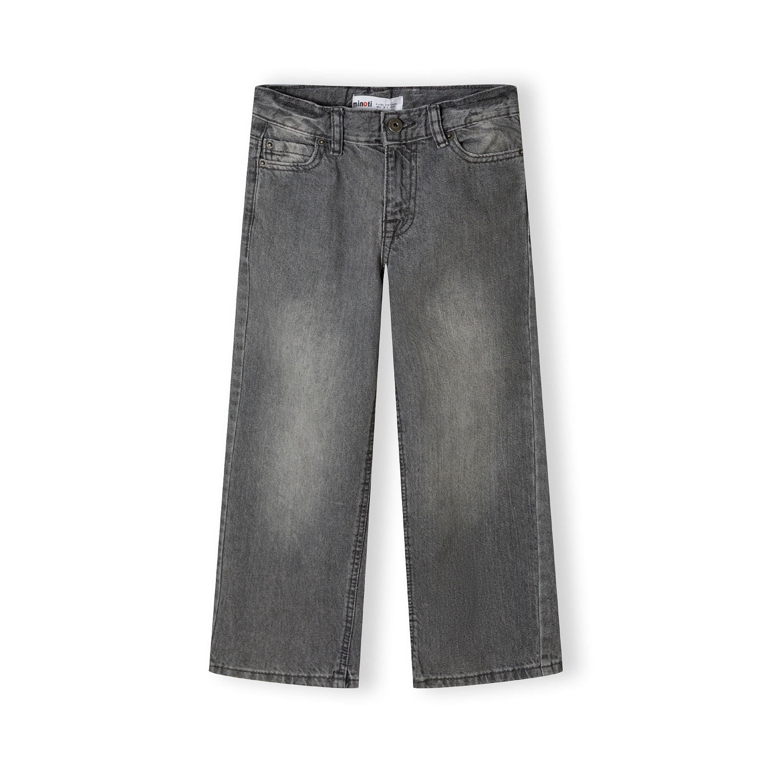 Flat lay of grey baggy jeans showing back view with traditional 5-pocket design, belt loops and branded label on white background