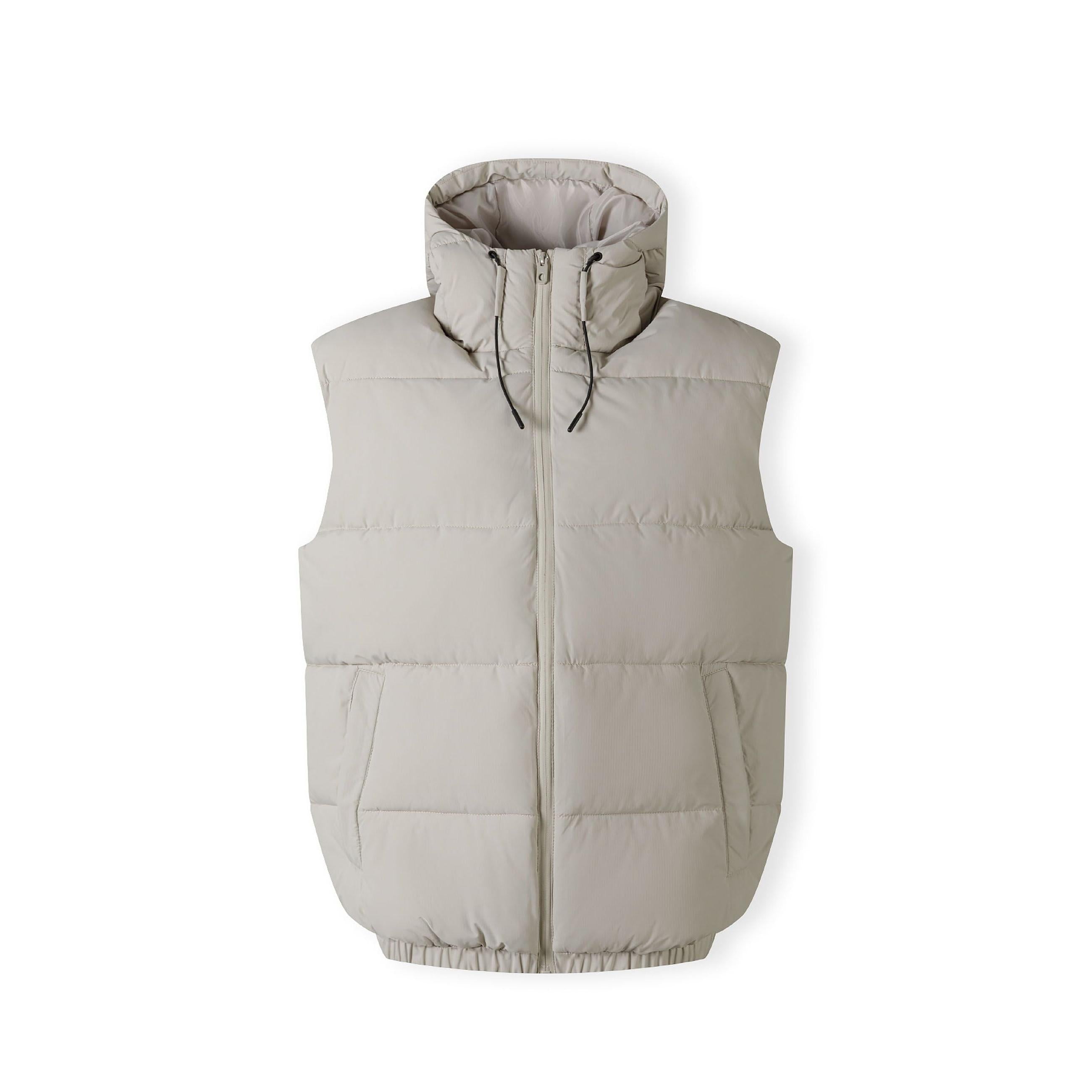 Back view of grey padded gilet showing quilted panels, hood construction and overall silhouette against neutral background
