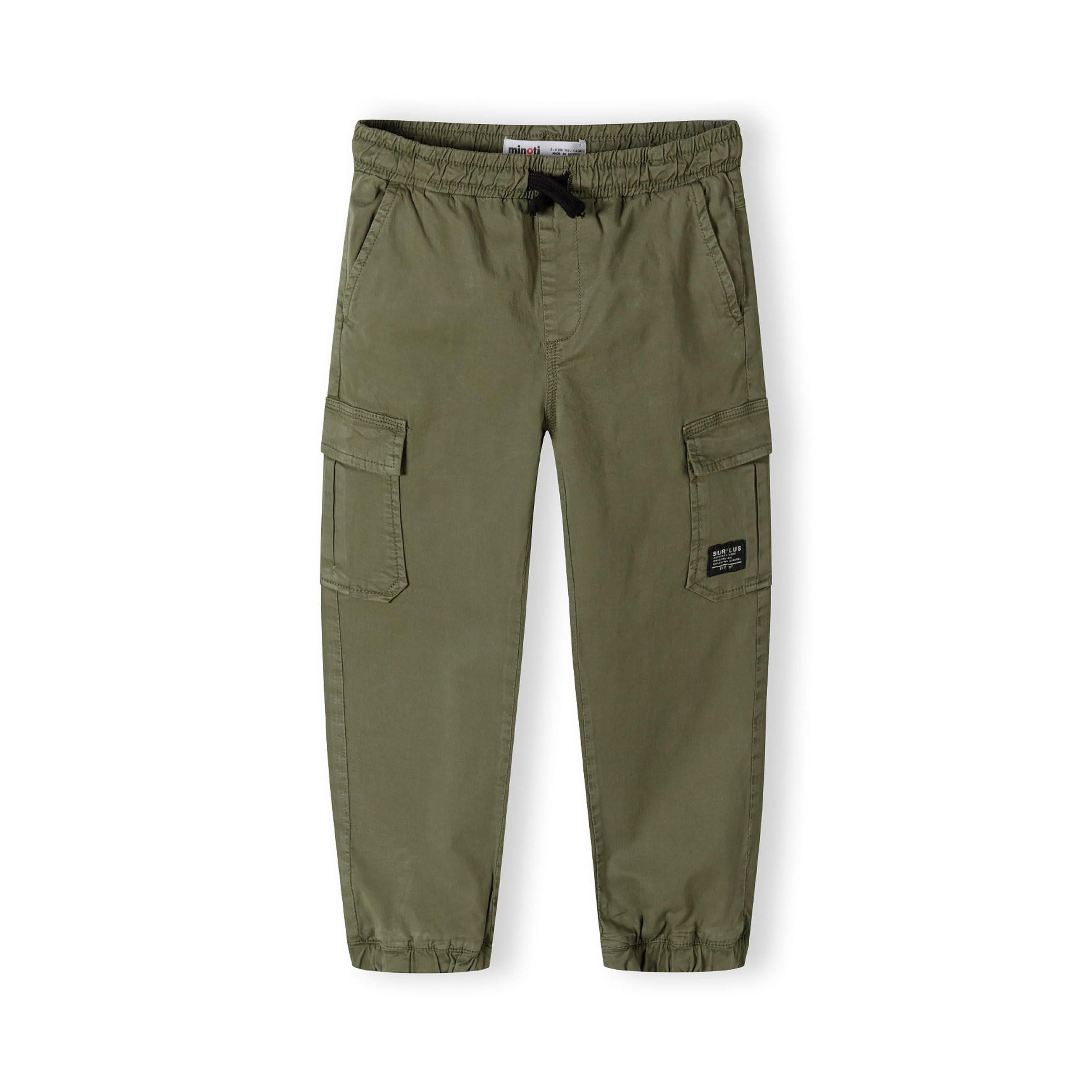 Back view of khaki cargo trousers showing elasticated waistband, back pockets with button closure, and tapered ankle cuffs on white background