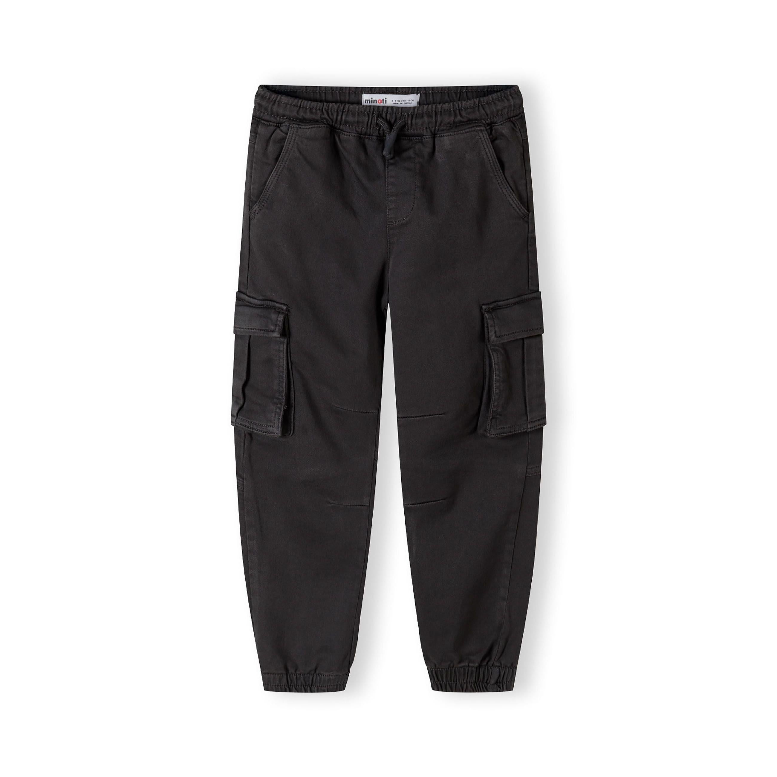 Front view of grey cargo trousers with multiple pockets, elasticated waistband and cuffed ankles on white background