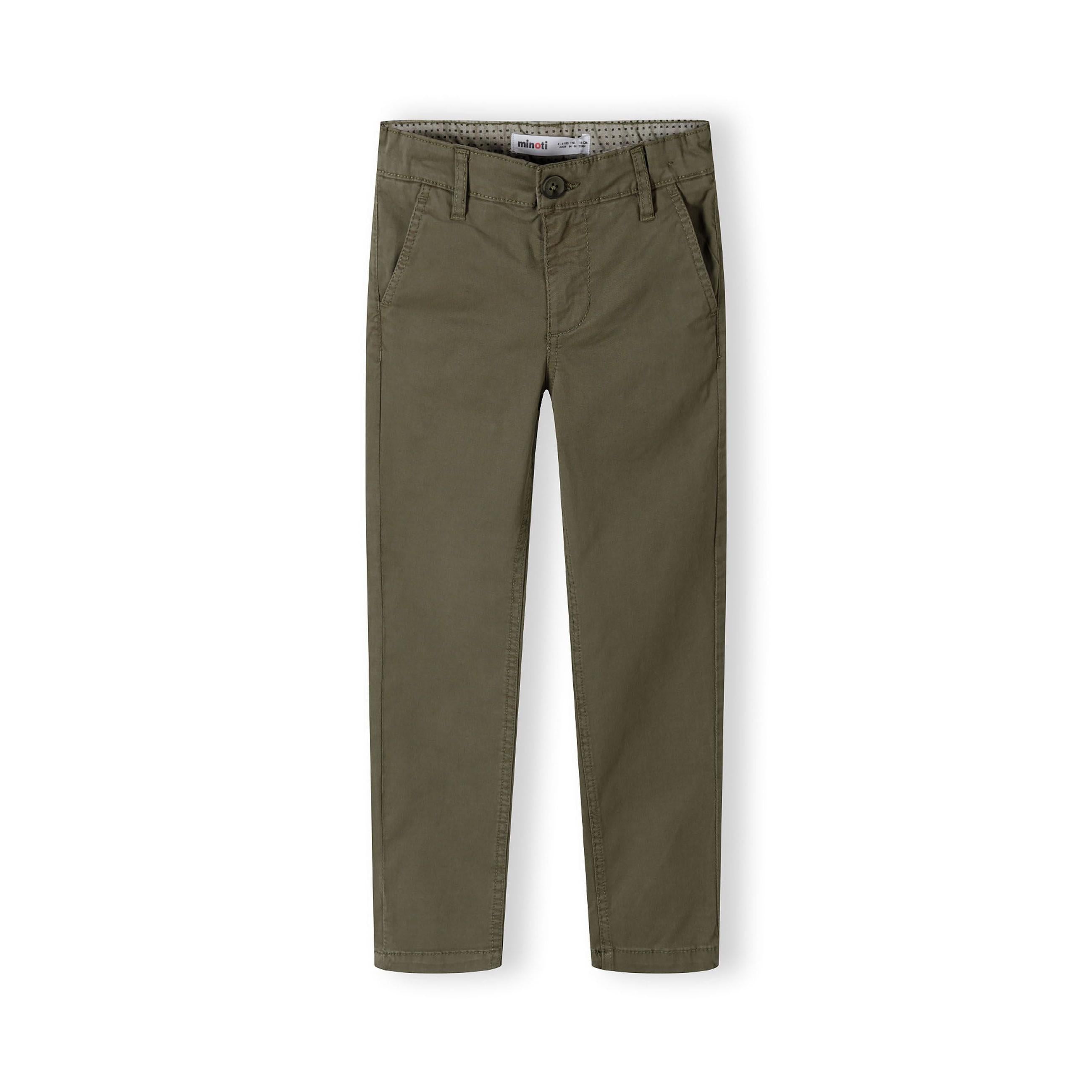 Back view of khaki chino trousers showing rear pockets and tailored fit on white background