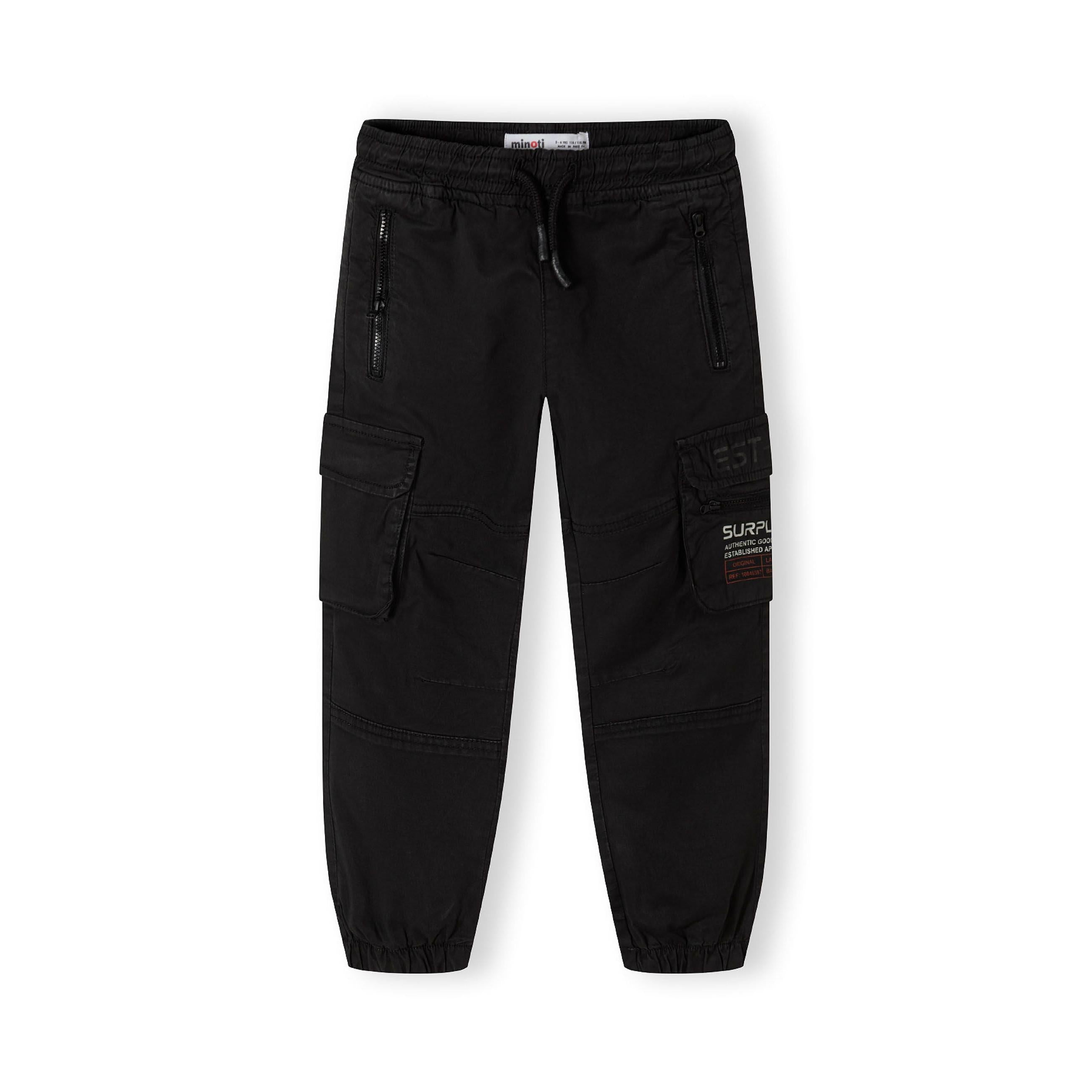 Black cargo trousers laid flat showing elastic waistband, side cargo pockets and tapered leg design