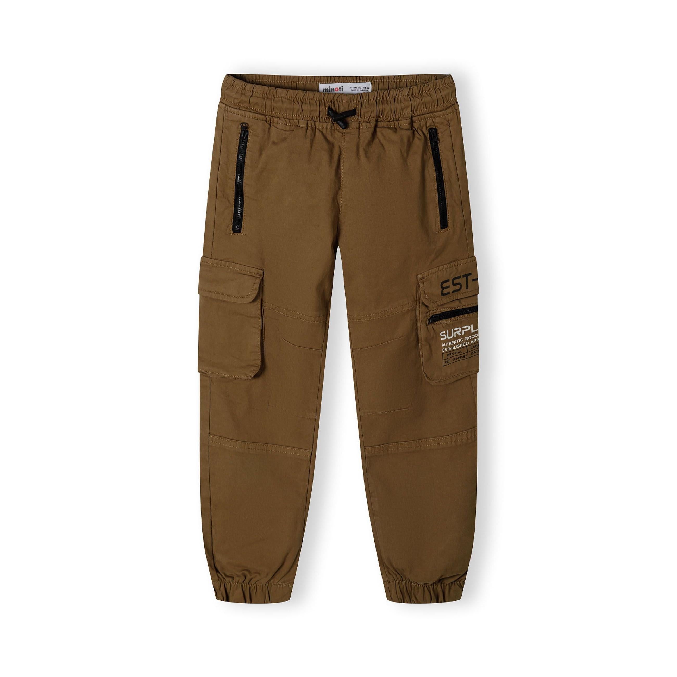 Flat lay view of beige cargo trousers showing elasticated waistband, side cargo pockets and relaxed fit styling on white background