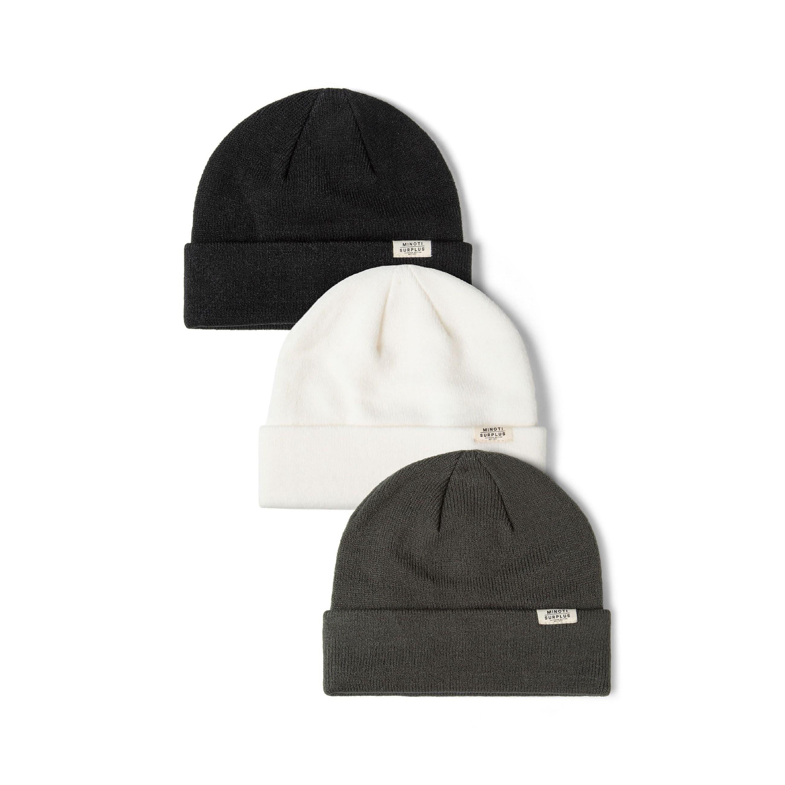 Flat lay of cream ribbed beanie with Minoti Surplus woven label on white background, showing classic knit construction