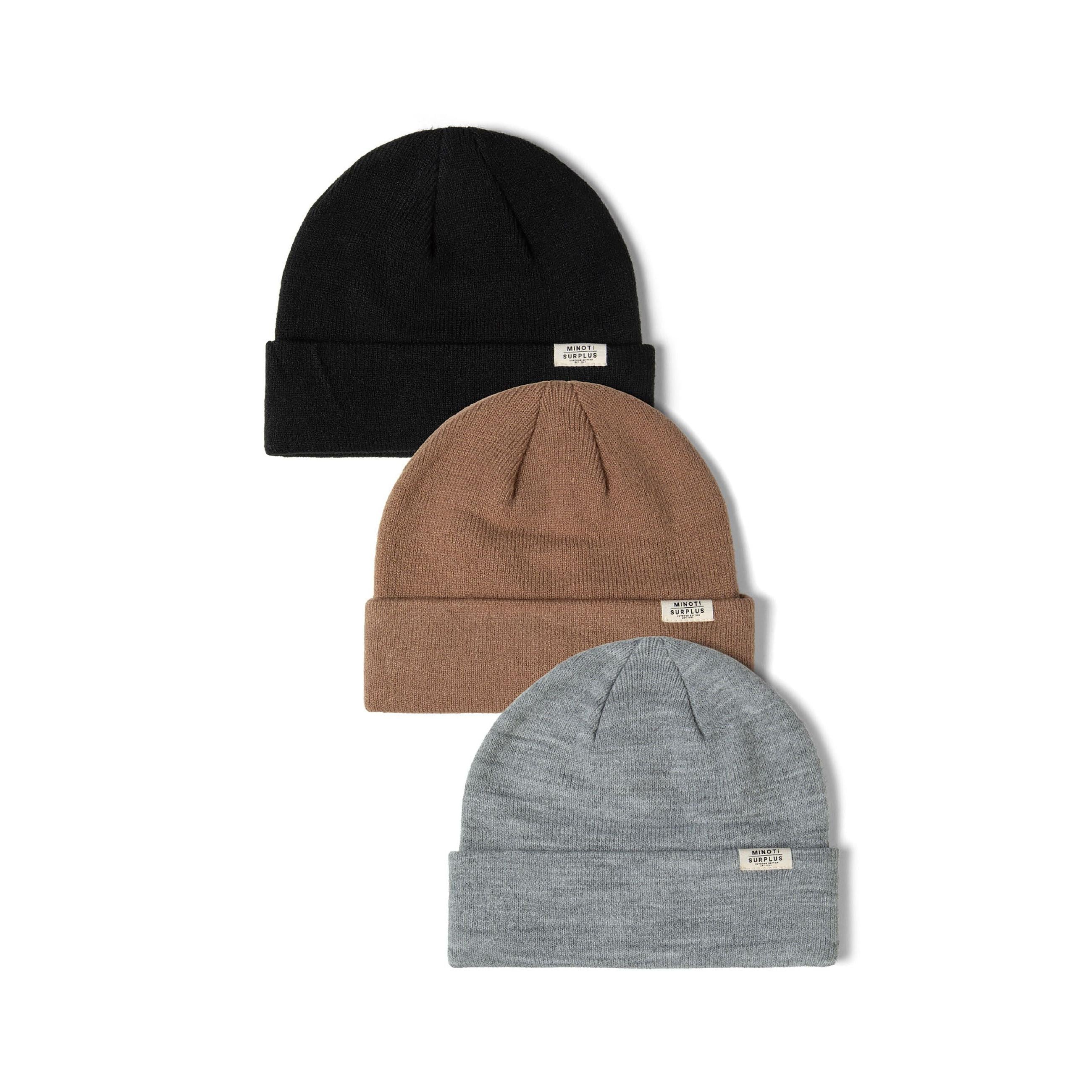 Three Minoti ribbed beanie hats displayed on white background - black beanie at top with white label, brown beanie in middle with white label, grey beanie at bottom with white label