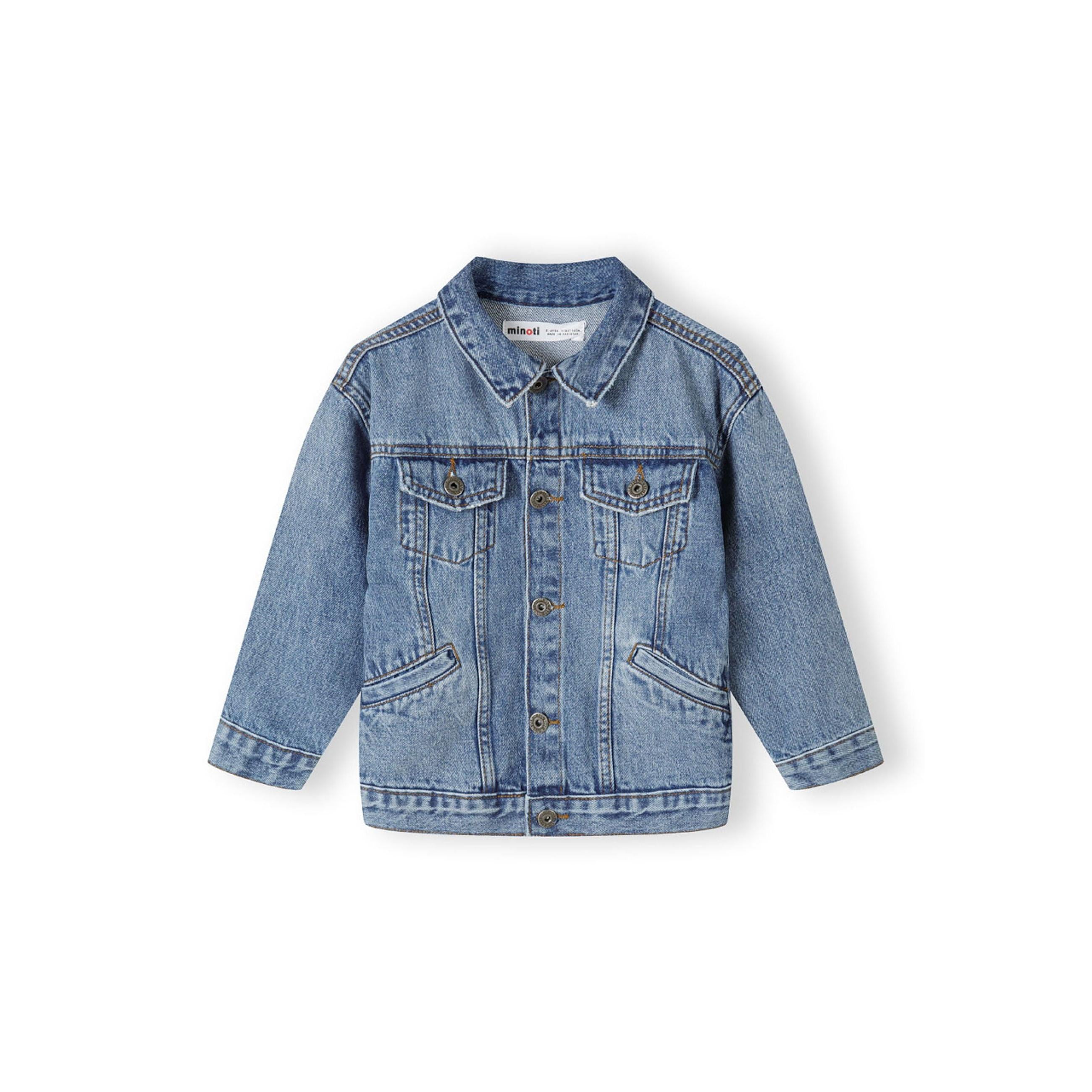 Navy denim jacket laid flat showing back view with classic construction, seaming details and overall silhouette against white background