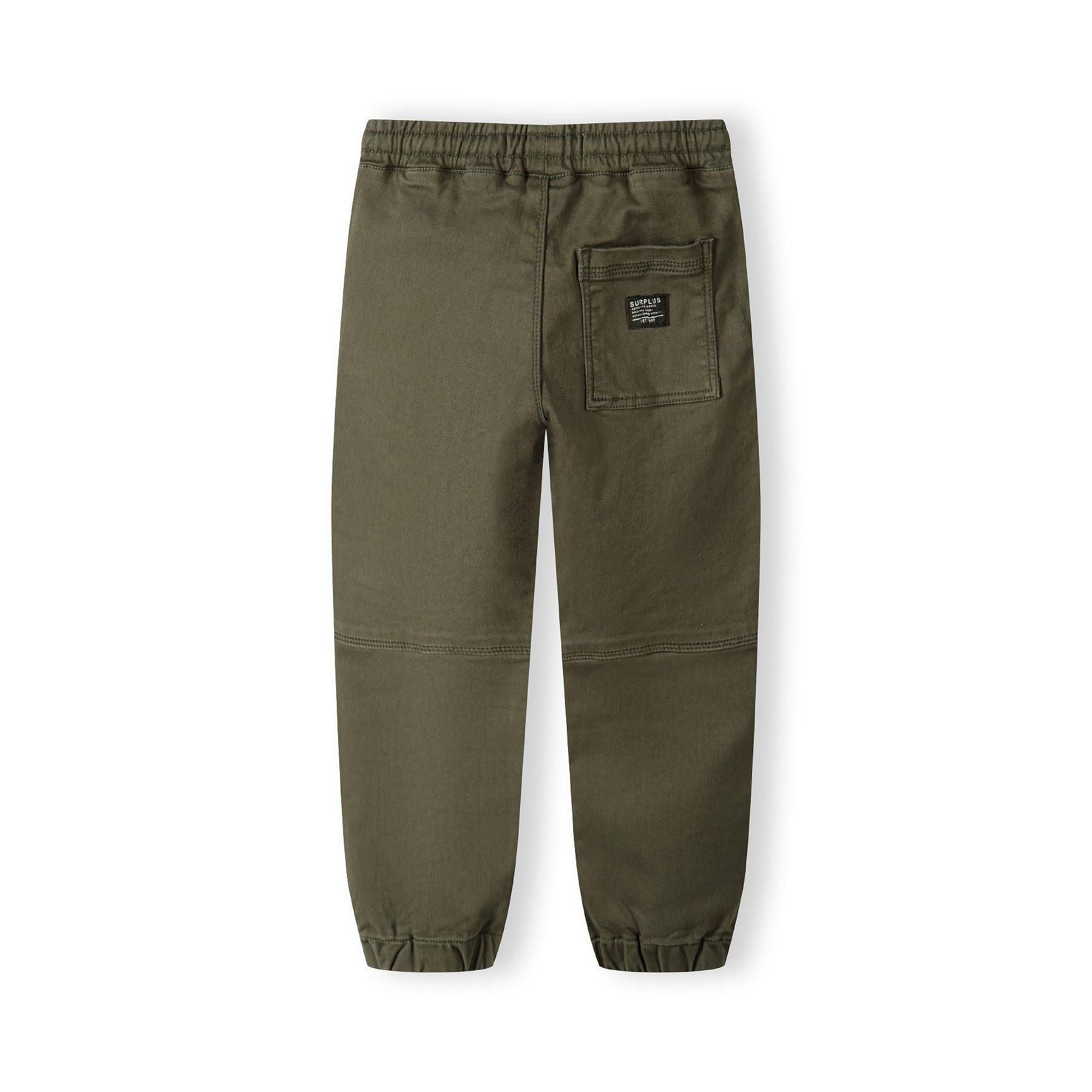 Back view of khaki knitted cargo trousers showing elasticated waist, back pocket with label and ribbed cuffs on white background