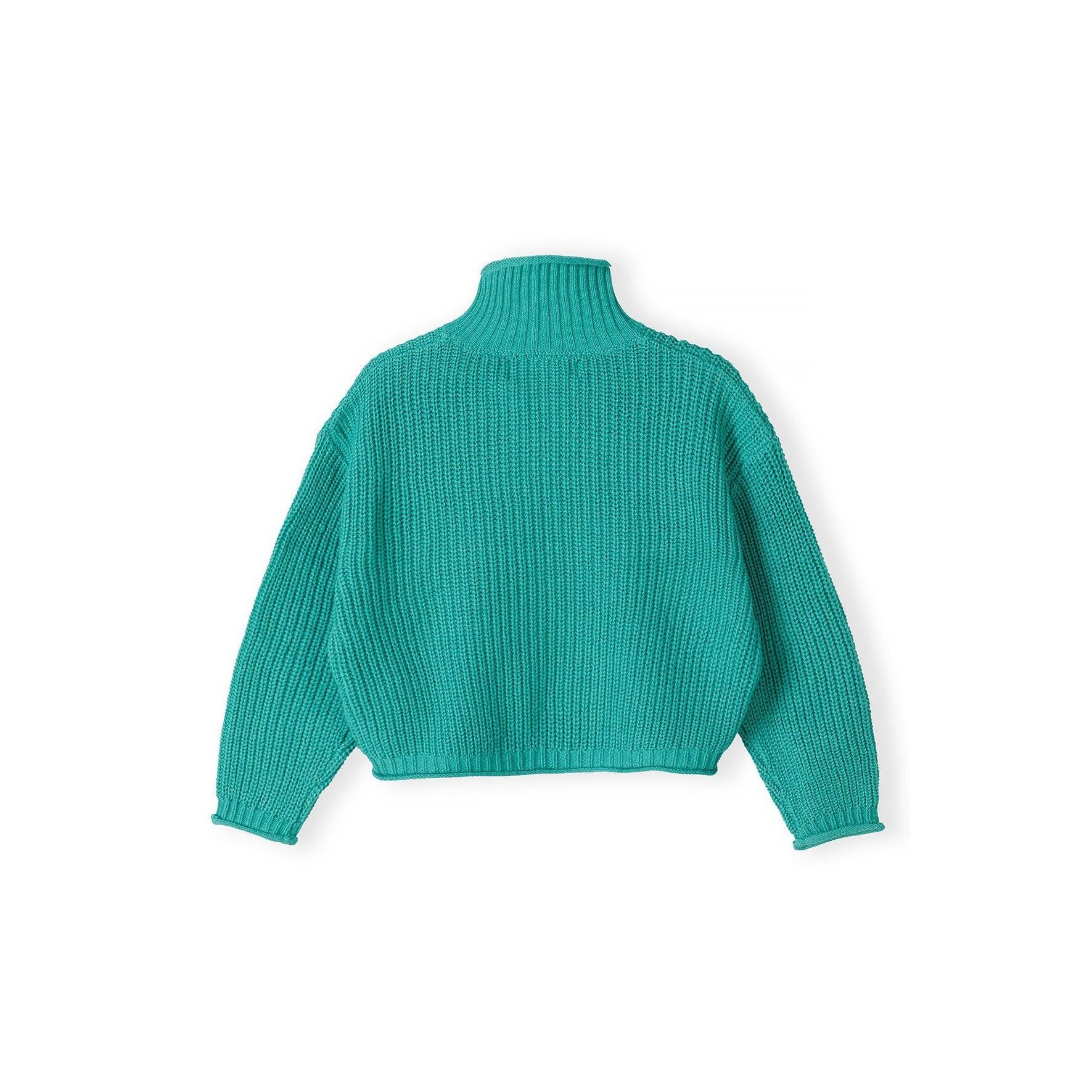 Back view of deep green cropped turtleneck jumper showing ribbed knit texture and relaxed fit on white background