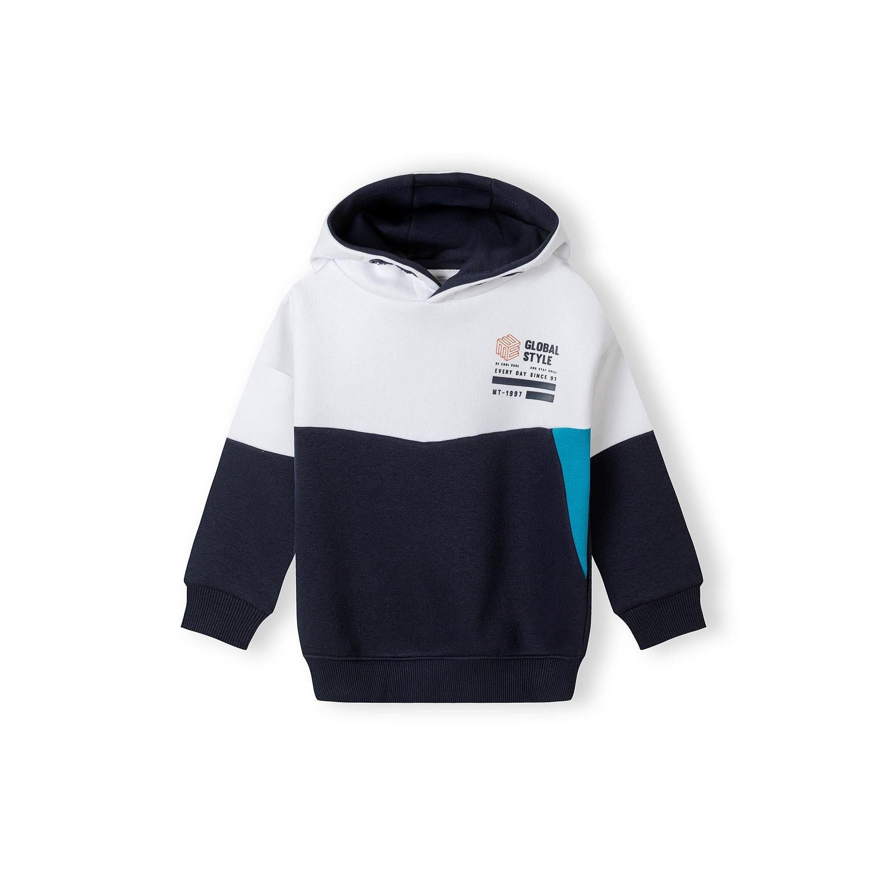 Back view of navy and white contrast panel hoodie showing hood design and color blocking on white background