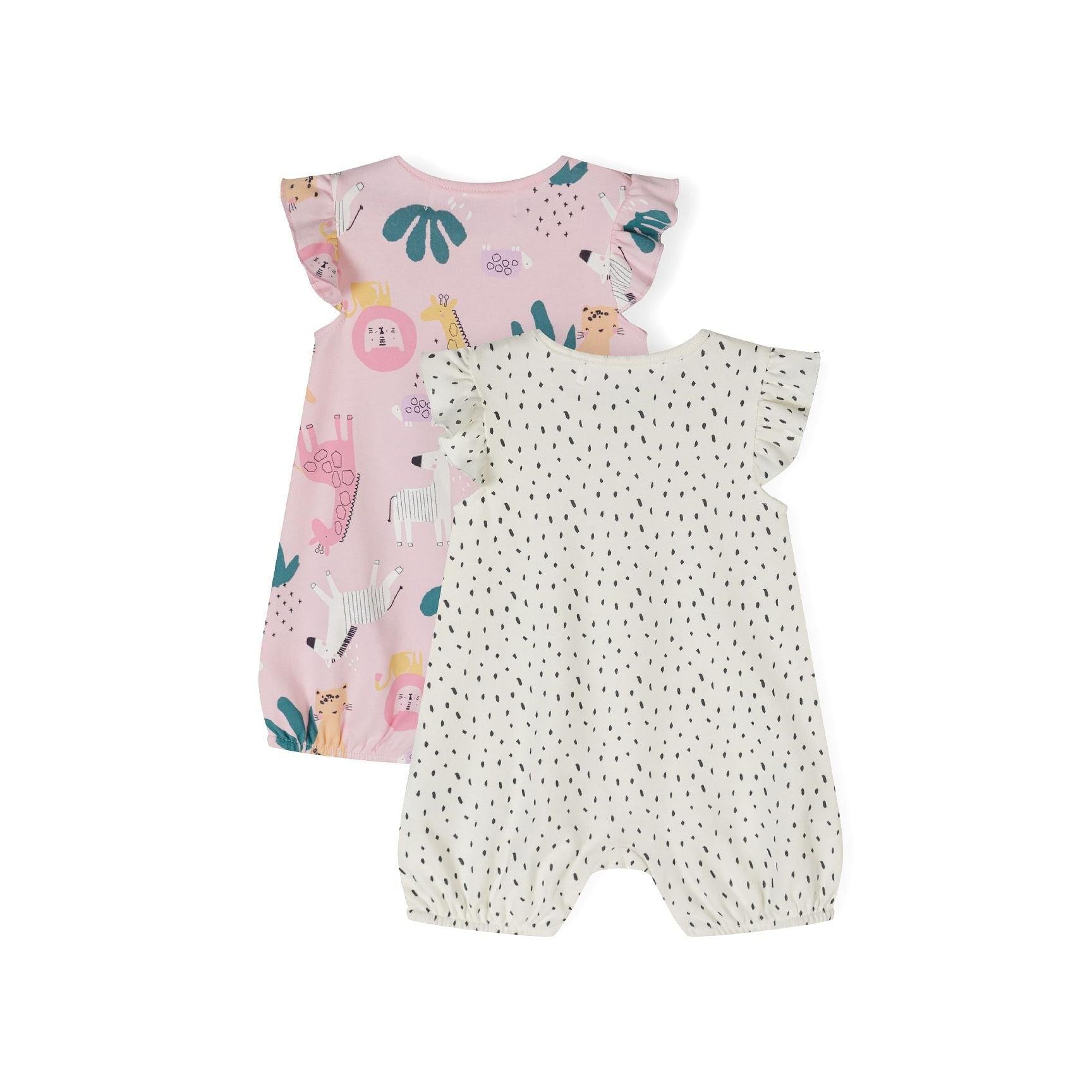 Back view of cream romper with black dot pattern showing flutter sleeve detail and snap button closures at crotch area