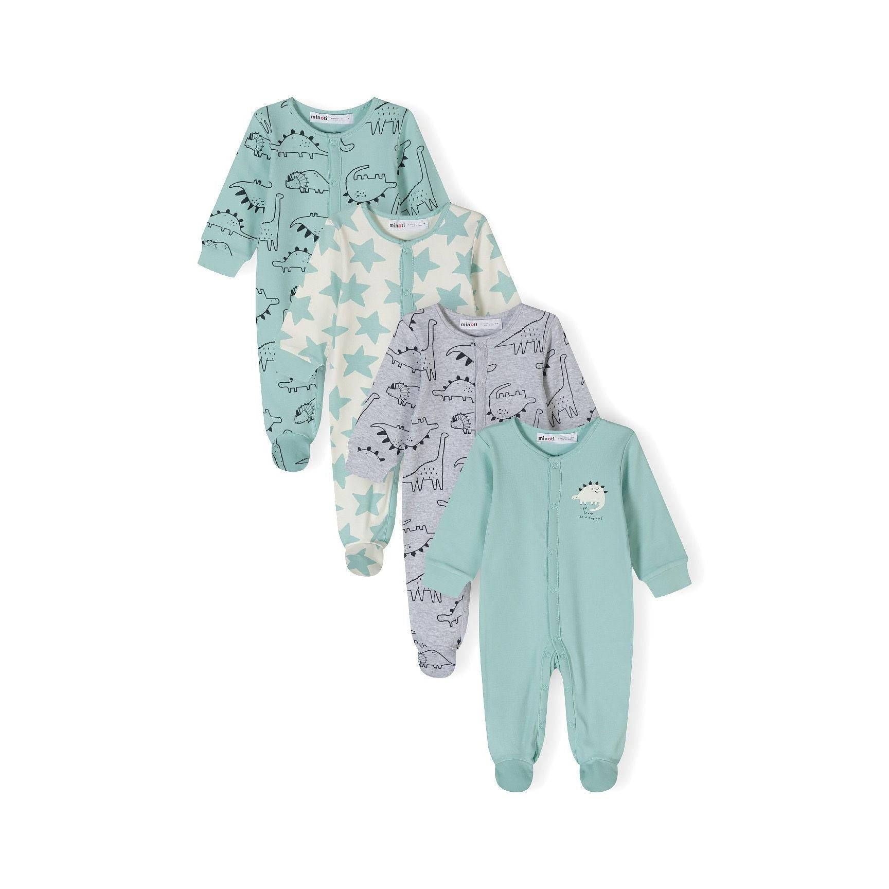 Four mint green baby sleepsuits laid flat showing dinosaur prints and star patterns with long sleeves and attached feet