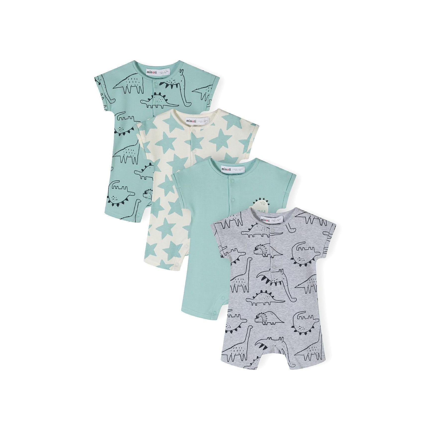 Four baby rompers arranged on white background showing mint green dinosaur print, cream with mint stars, solid mint green, and grey dinosaur print designs