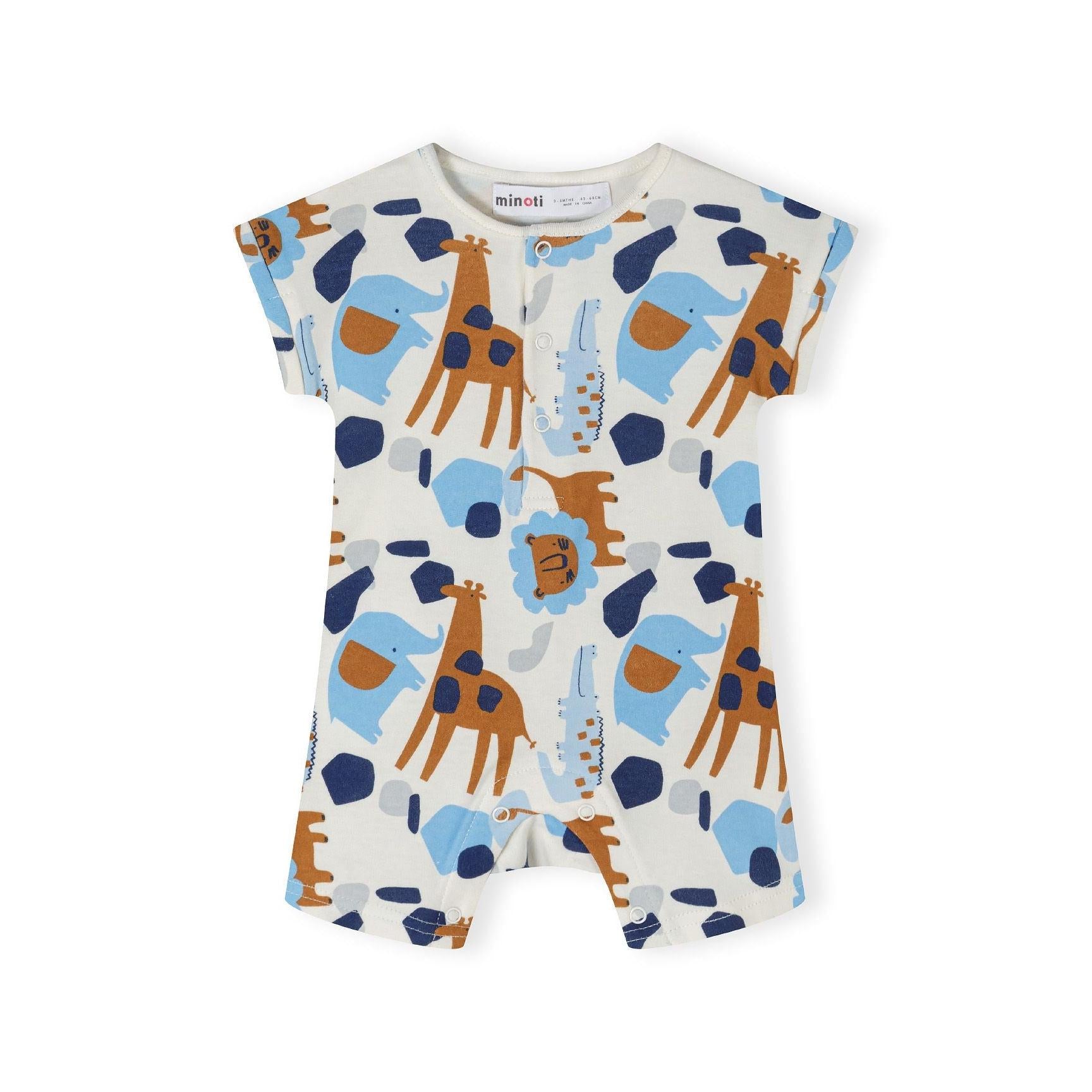 Back view of light blue romper showing plain design with rolled sleeve cuffs on white background