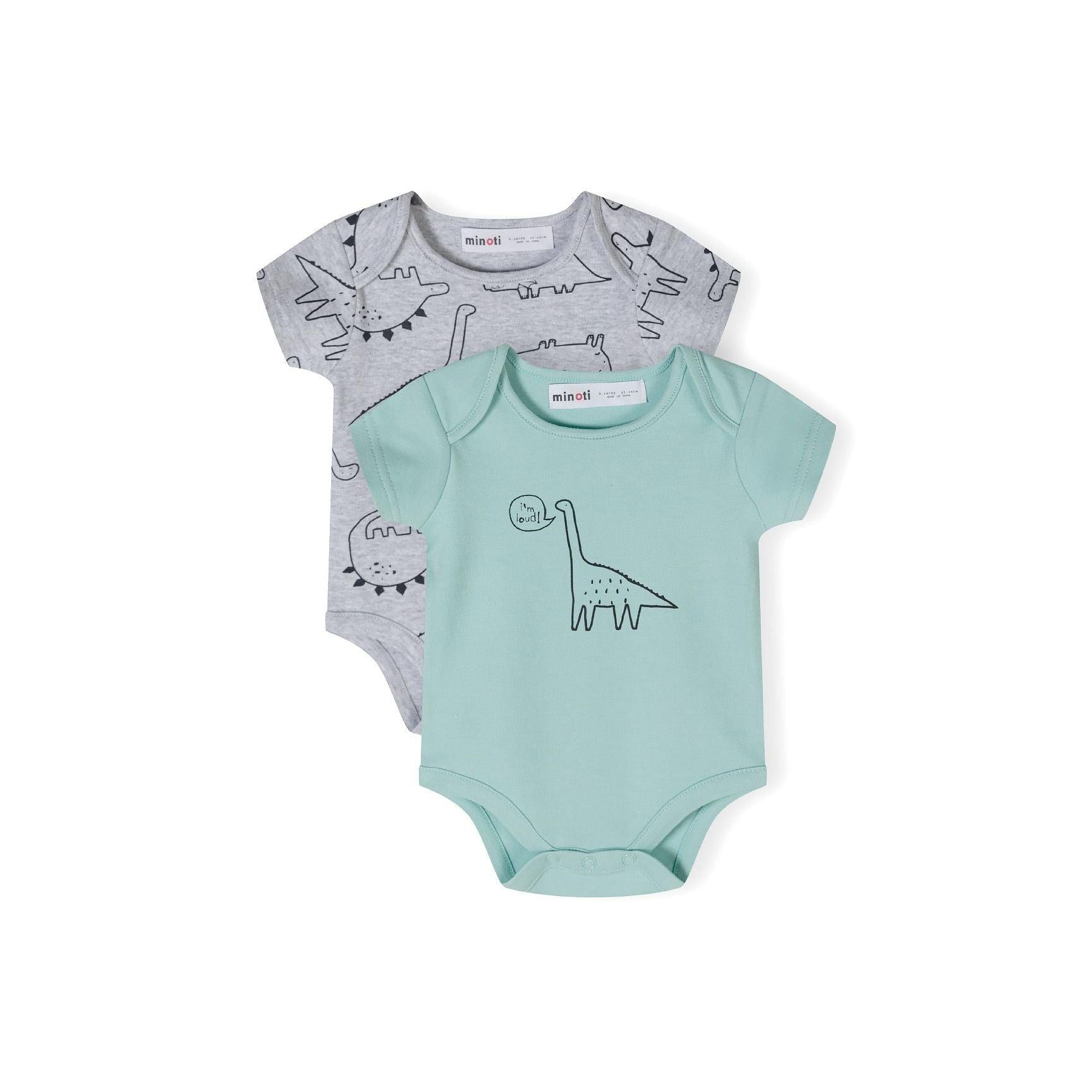 Two baby bodysuits displayed flat - mint green bodysuit with single dinosaur print and grey marled bodysuit with all-over dinosaur pattern on white background