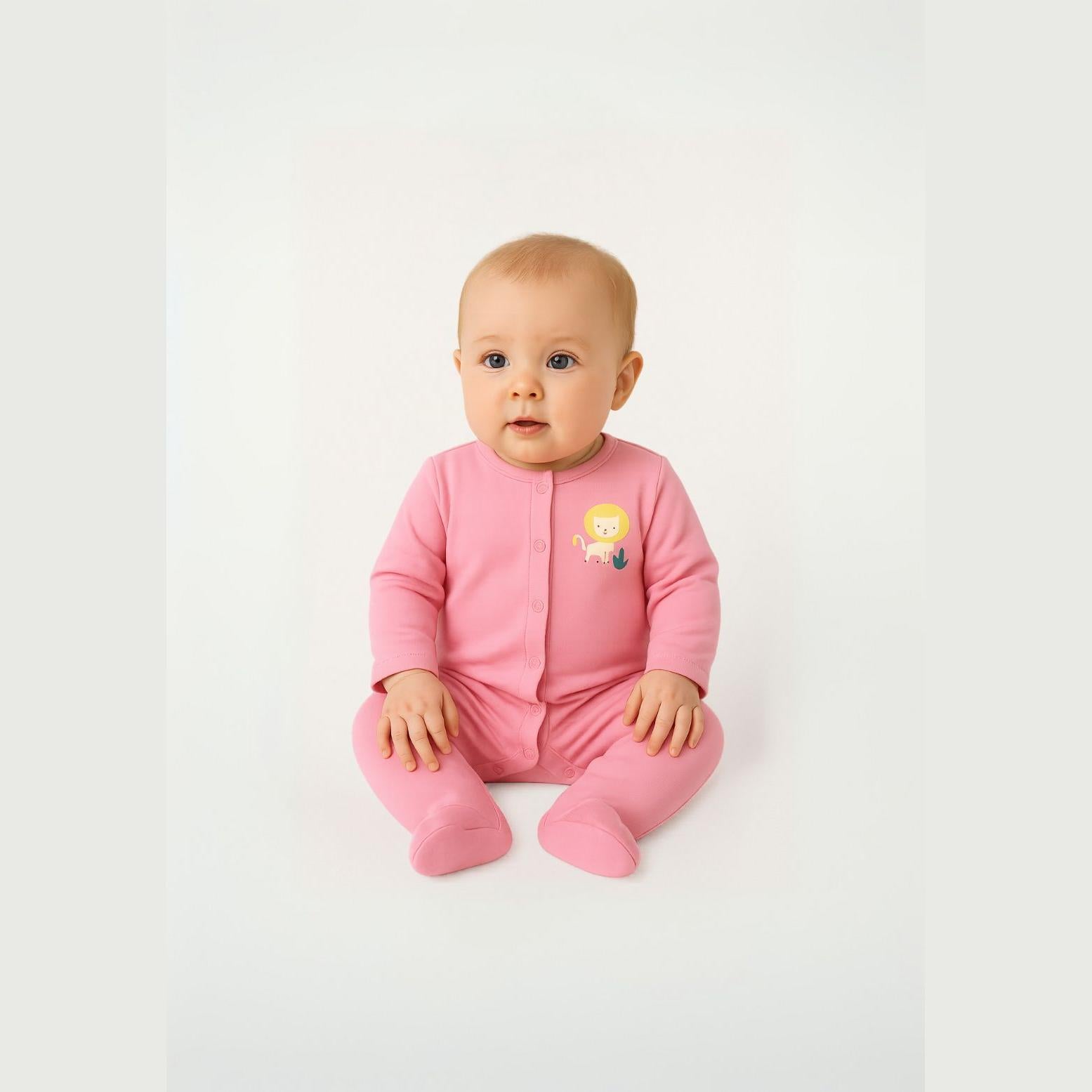 Baby wearing pink sleepsuit with lion design sitting on white background