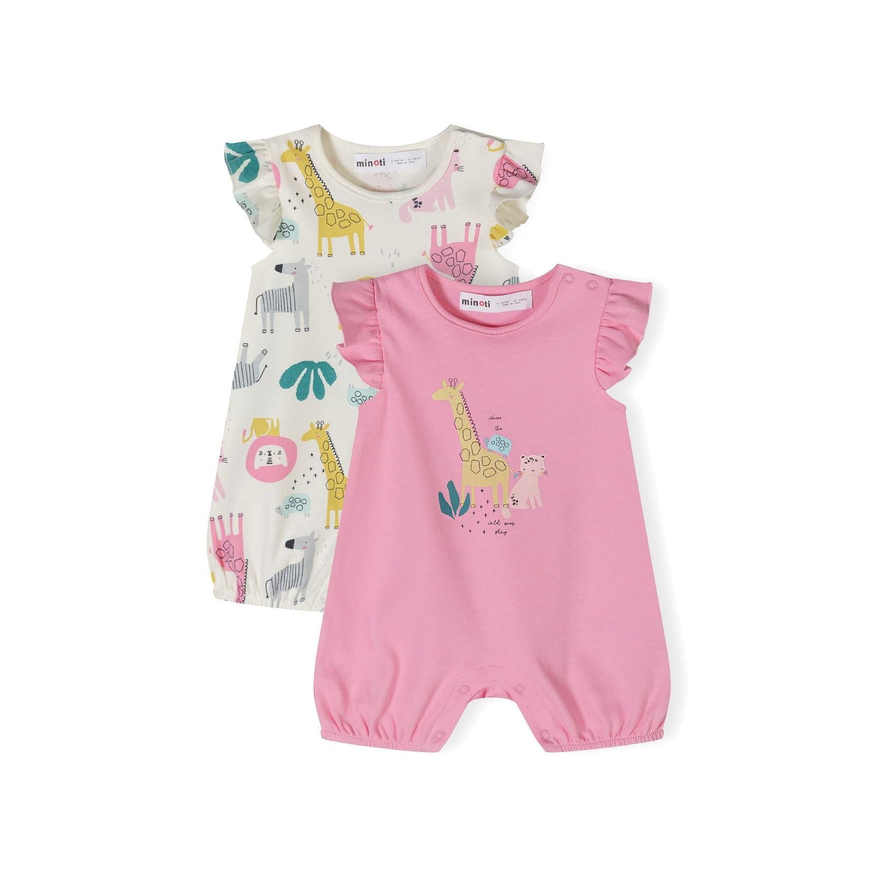 Two baby rompers displayed flat - cream safari print with colorful animals and solid pink with giraffe motif, both featuring frill sleeves