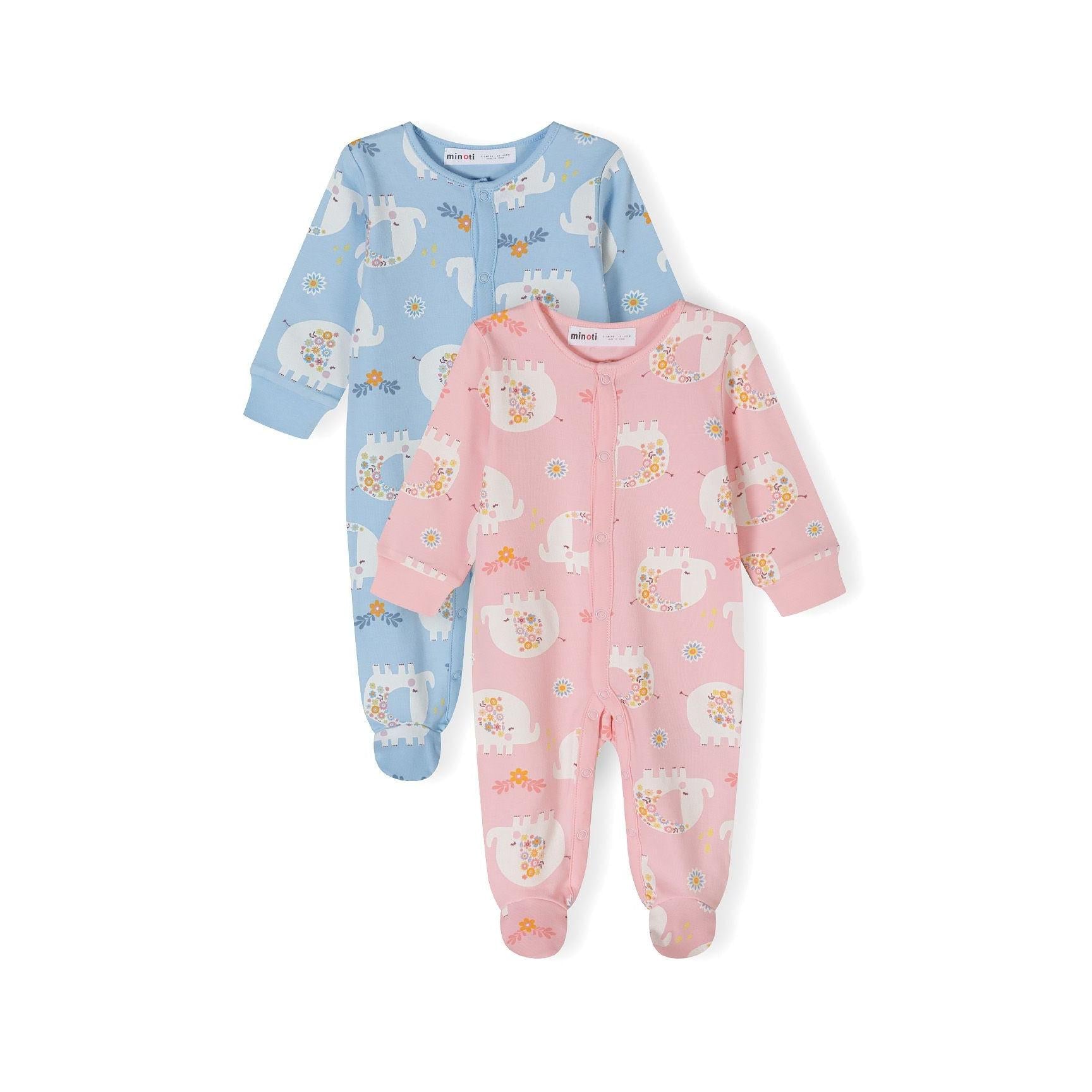 Pink elephant print sleepsuit laid flat showing full body design with integrated feet and poppers