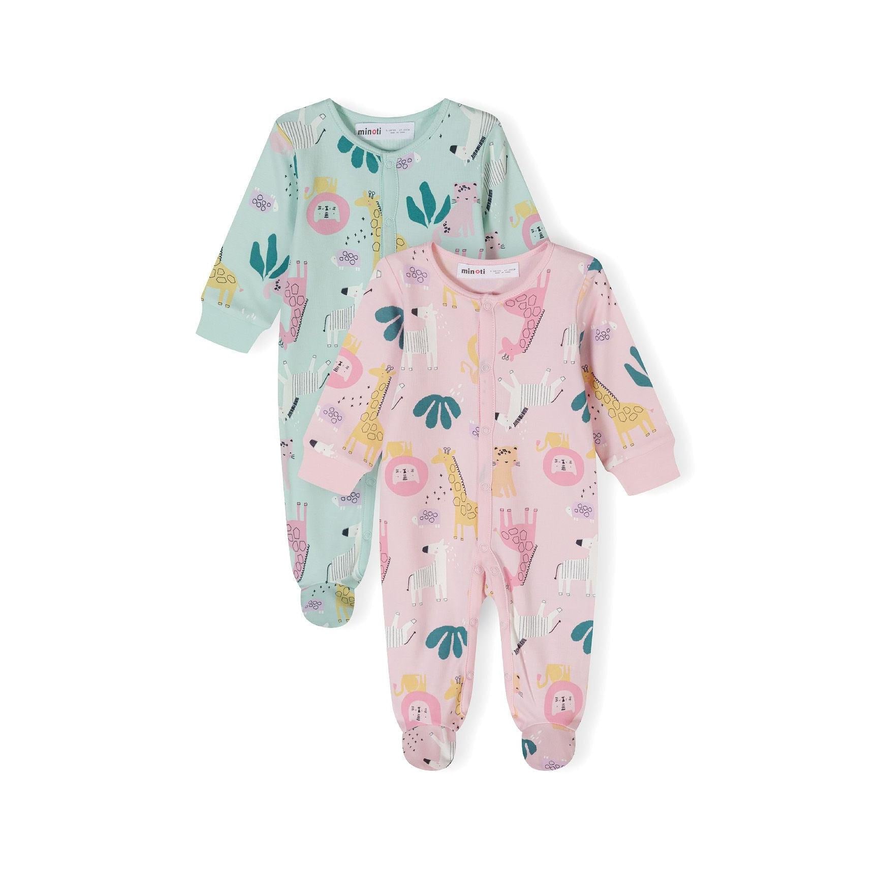 Mint green sleepsuit with jungle animal print laid flat showing full front view with integrated feet and long sleeves