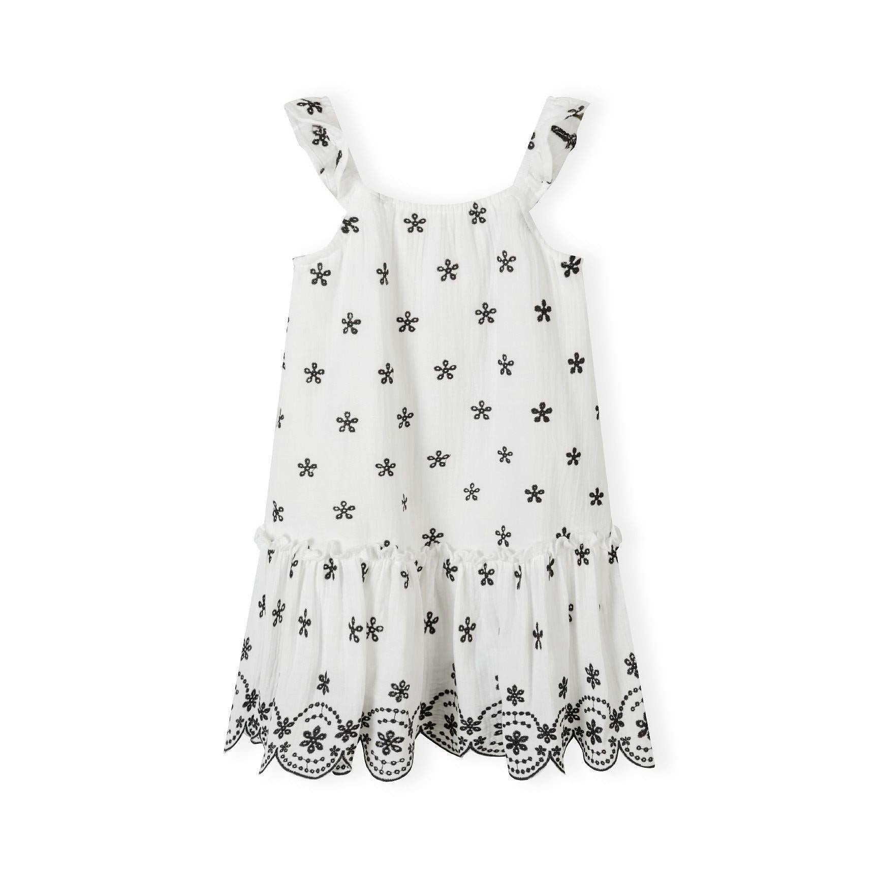 Flat lay of cream cotton muslin dress showing embroidered shoulder straps and all-over floral print pattern on white background
