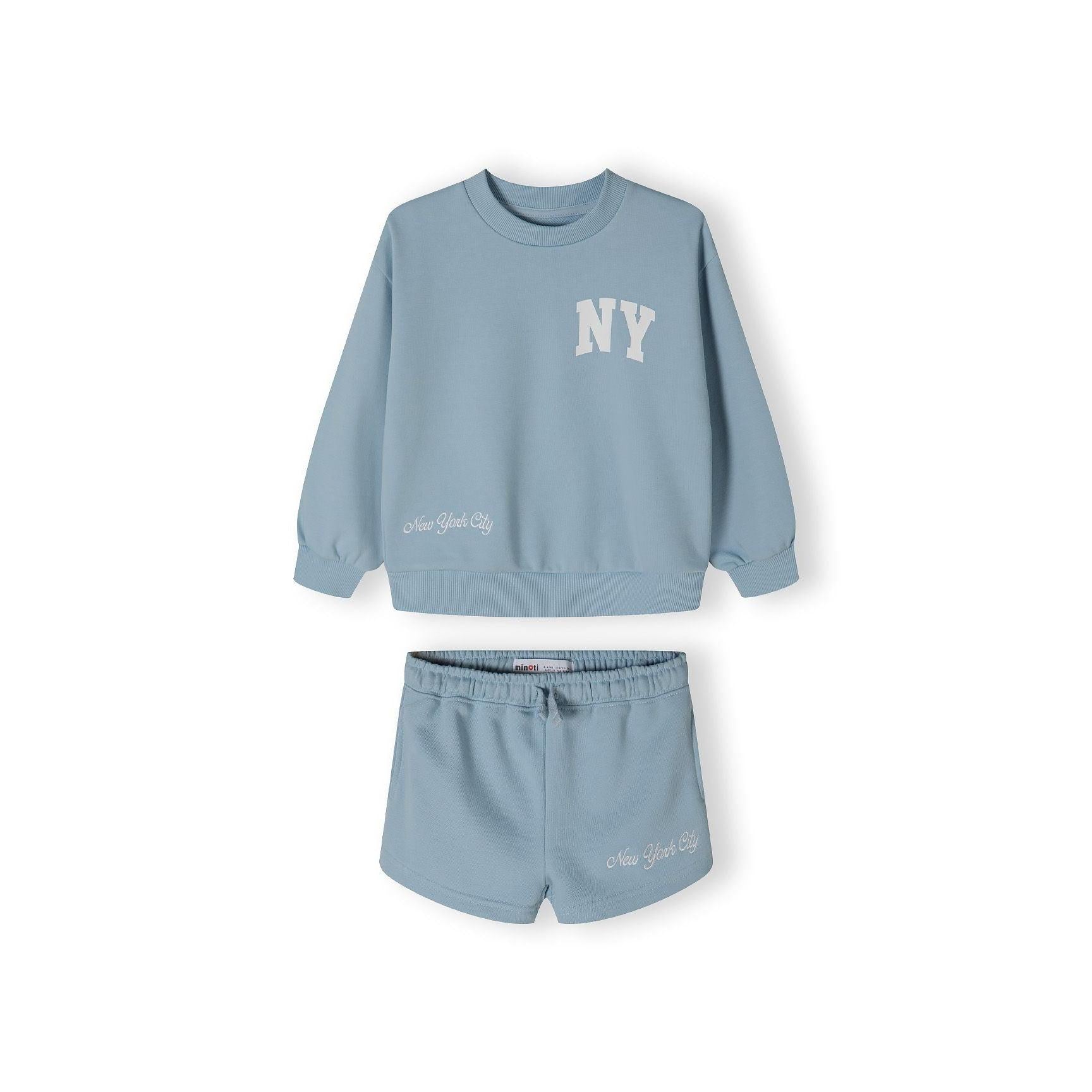 Back view of blue crew neck sweatshirt showing New York City wellness club print with Brooklyn Queens & Manhattan text on white background