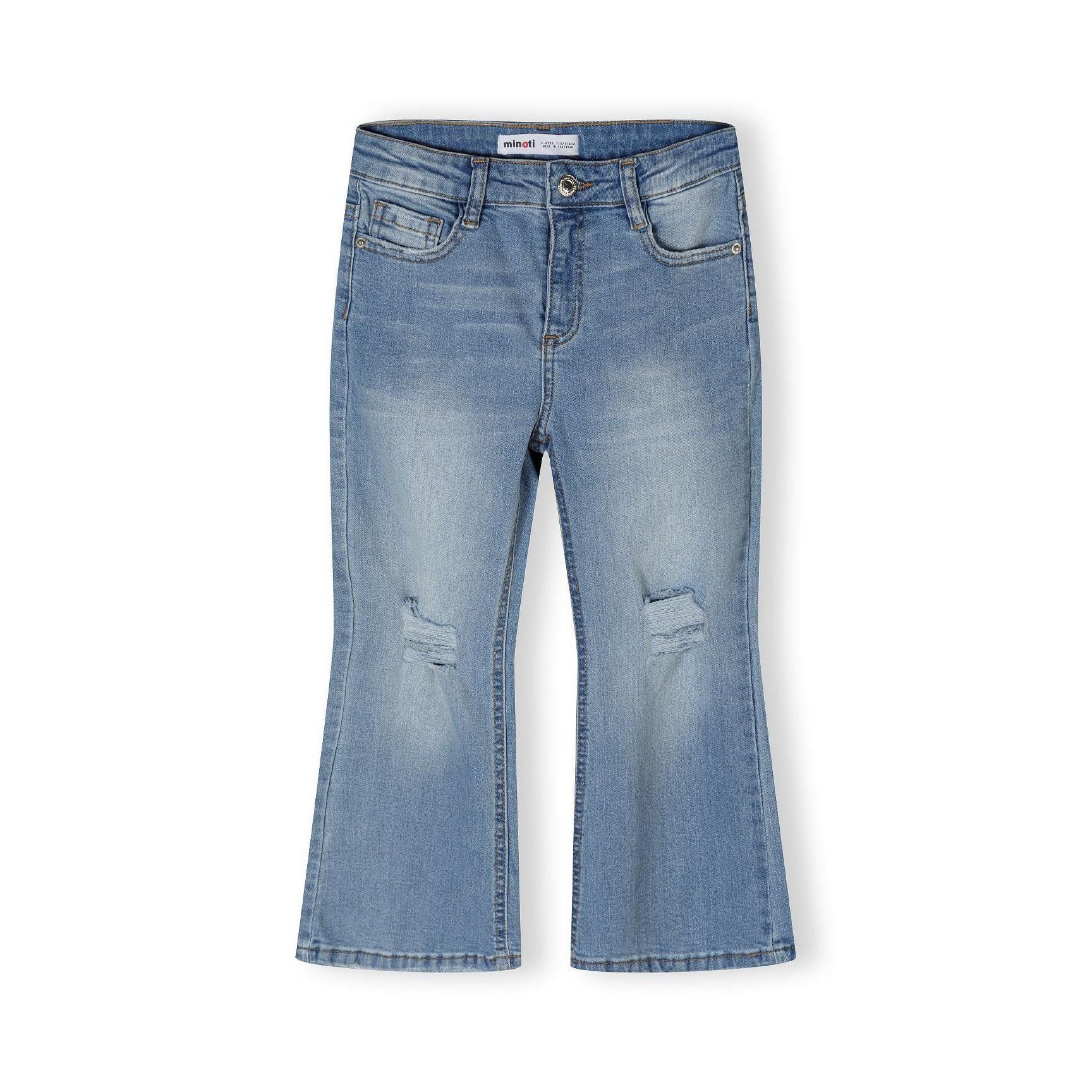 Navy denim flare jeans laid flat showing back view with brown waistband label and classic five-pocket styling