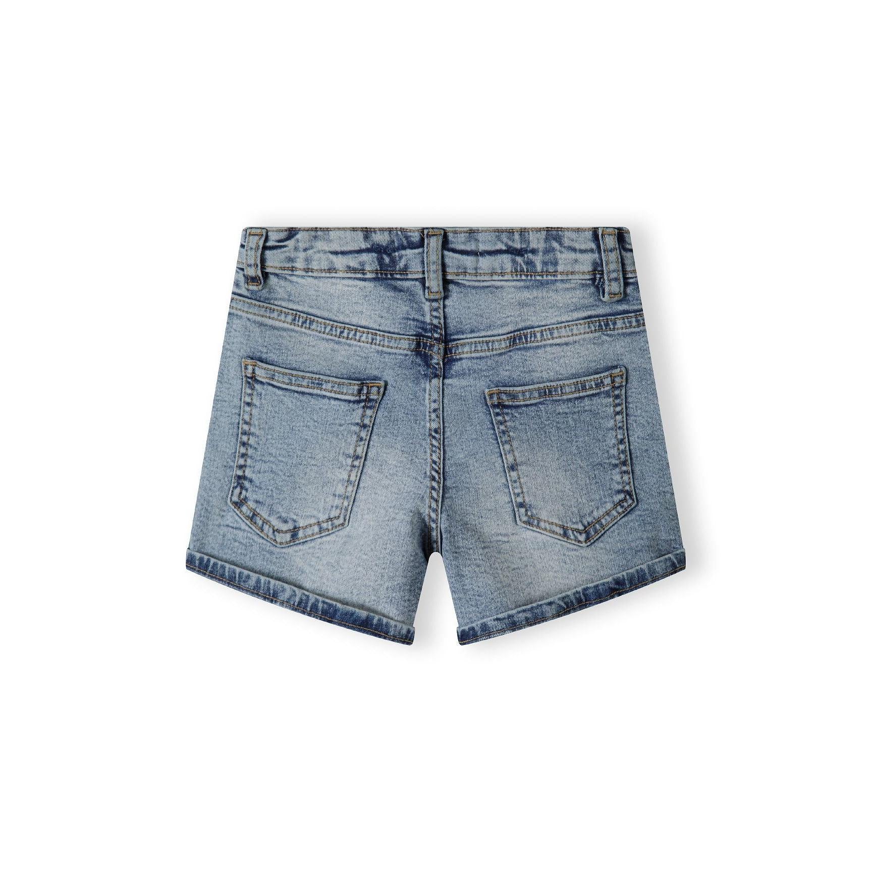 Back view of light blue denim shorts showing two back pockets with topstitching detail and belt loops against white background