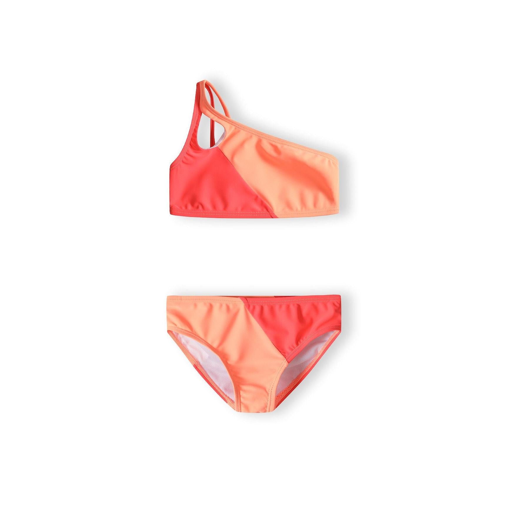 Two-piece bikini set in apricot and coral colour-block design with asymmetric one-shoulder top and matching briefs on white background