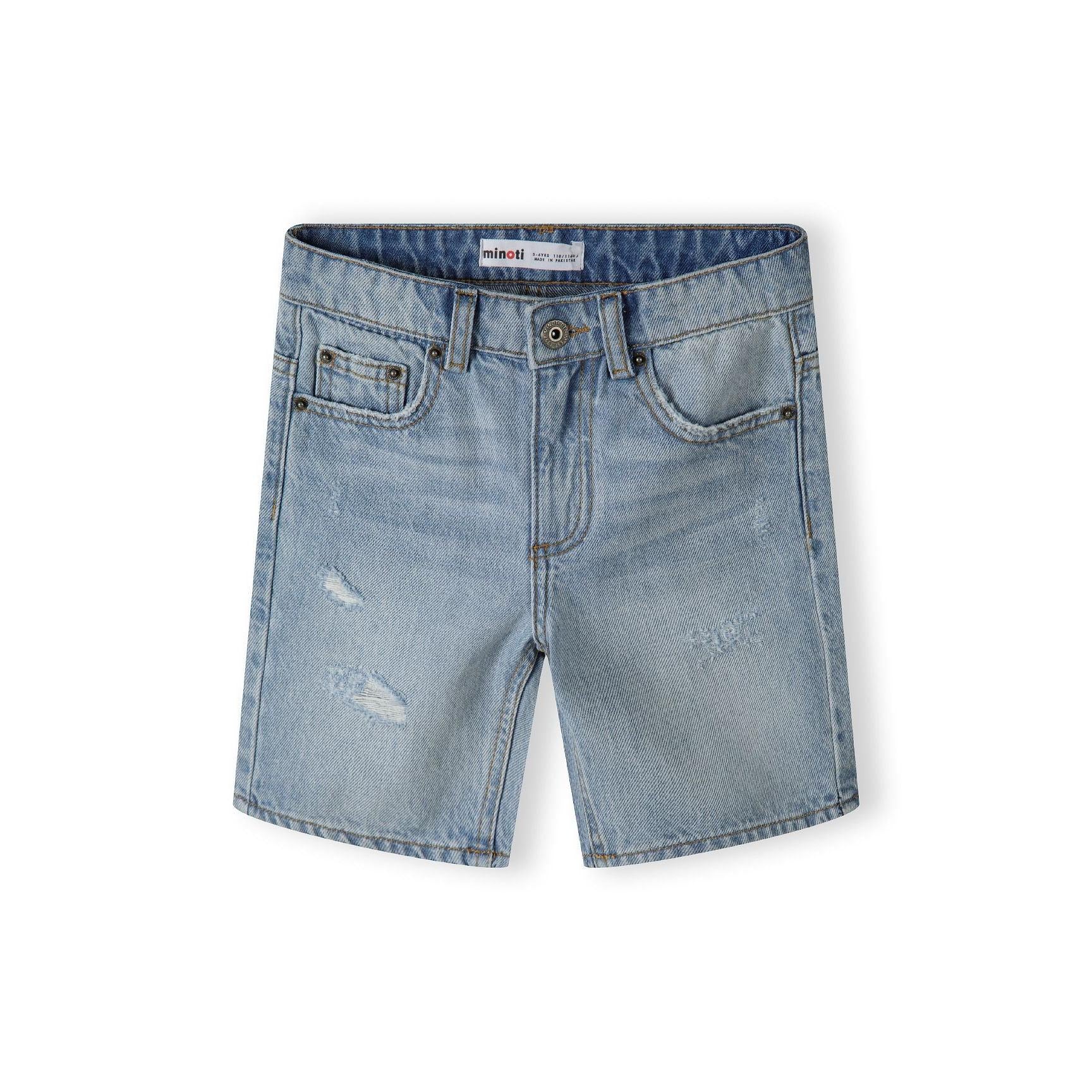 Back view of light blue denim shorts showing five-pocket design and branded leather patch detail