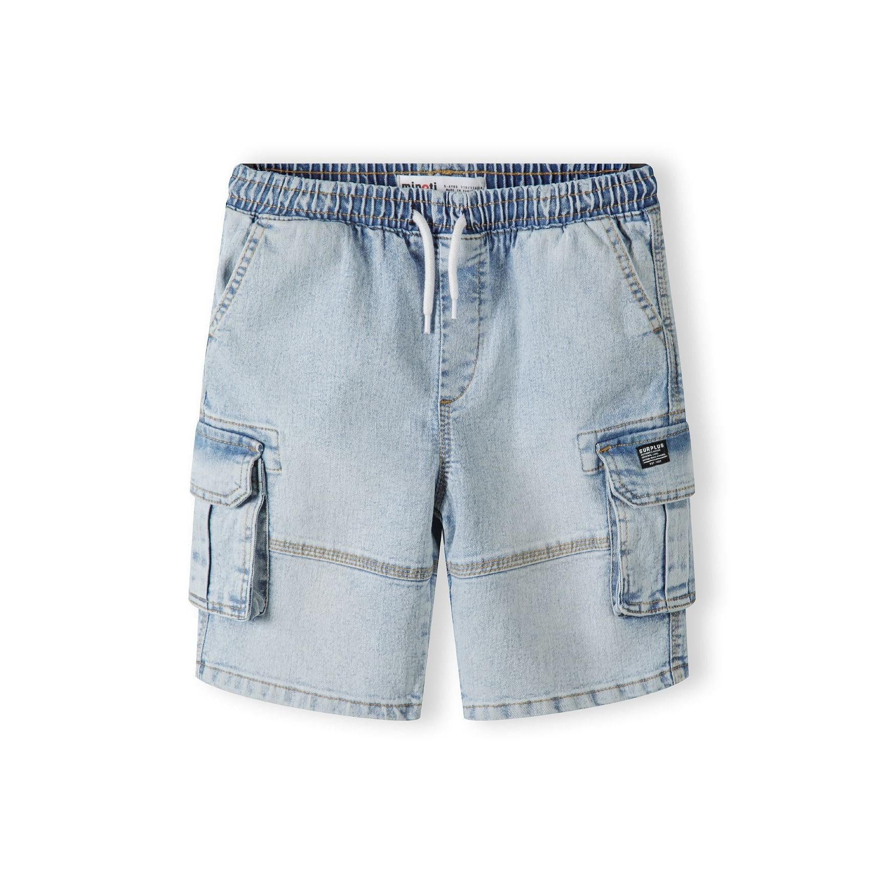 Back view of light blue denim cargo shorts showing elasticated waistband and rear pockets on white background