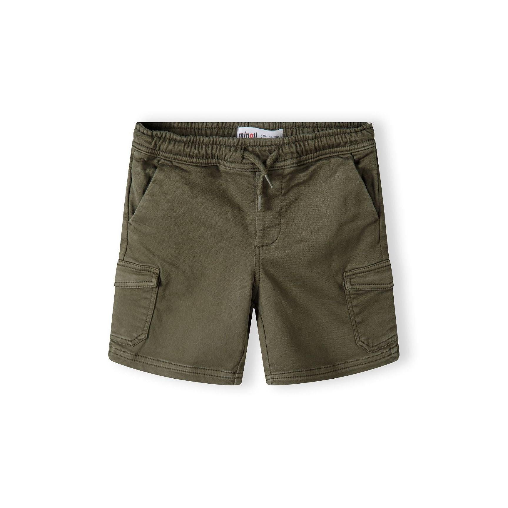Back view of khaki knitted cargo shorts showing elasticated waistband and cargo pocket detail