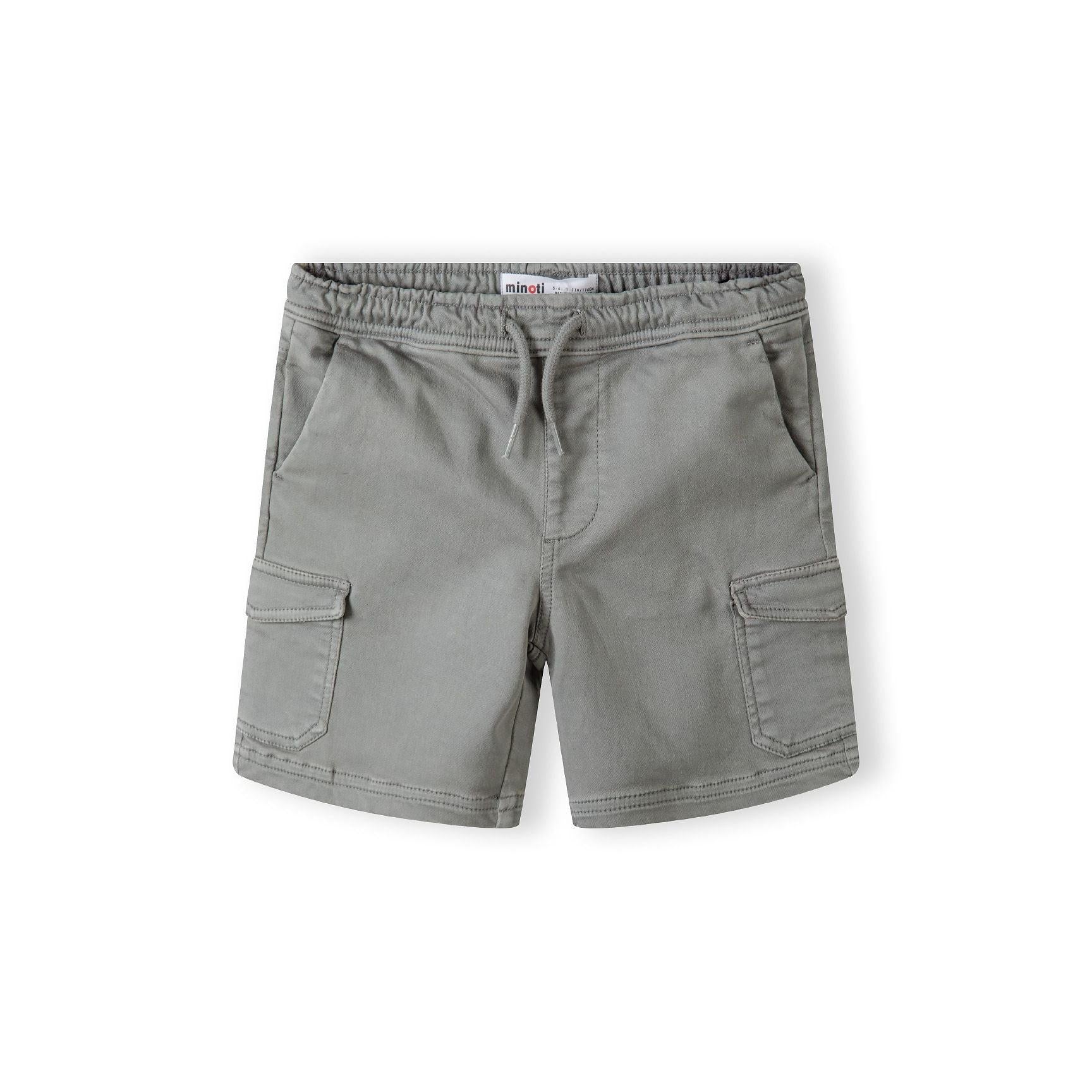 Flat lay view of grey cargo shorts showing back panel with cargo pockets on sides and elastic waistband with small black label