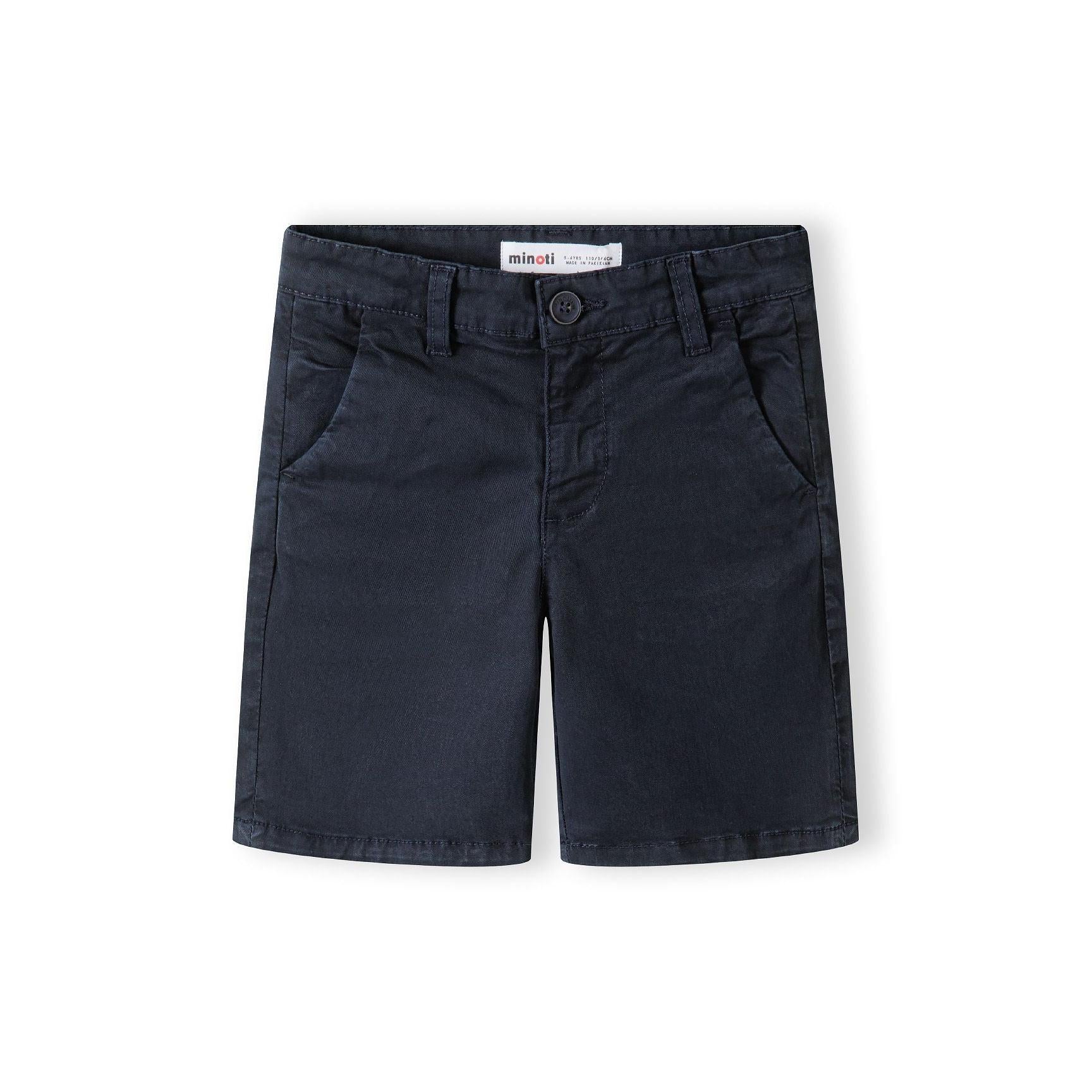 Back view of navy chino shorts showing rear pockets and belt loops detail on flat surface