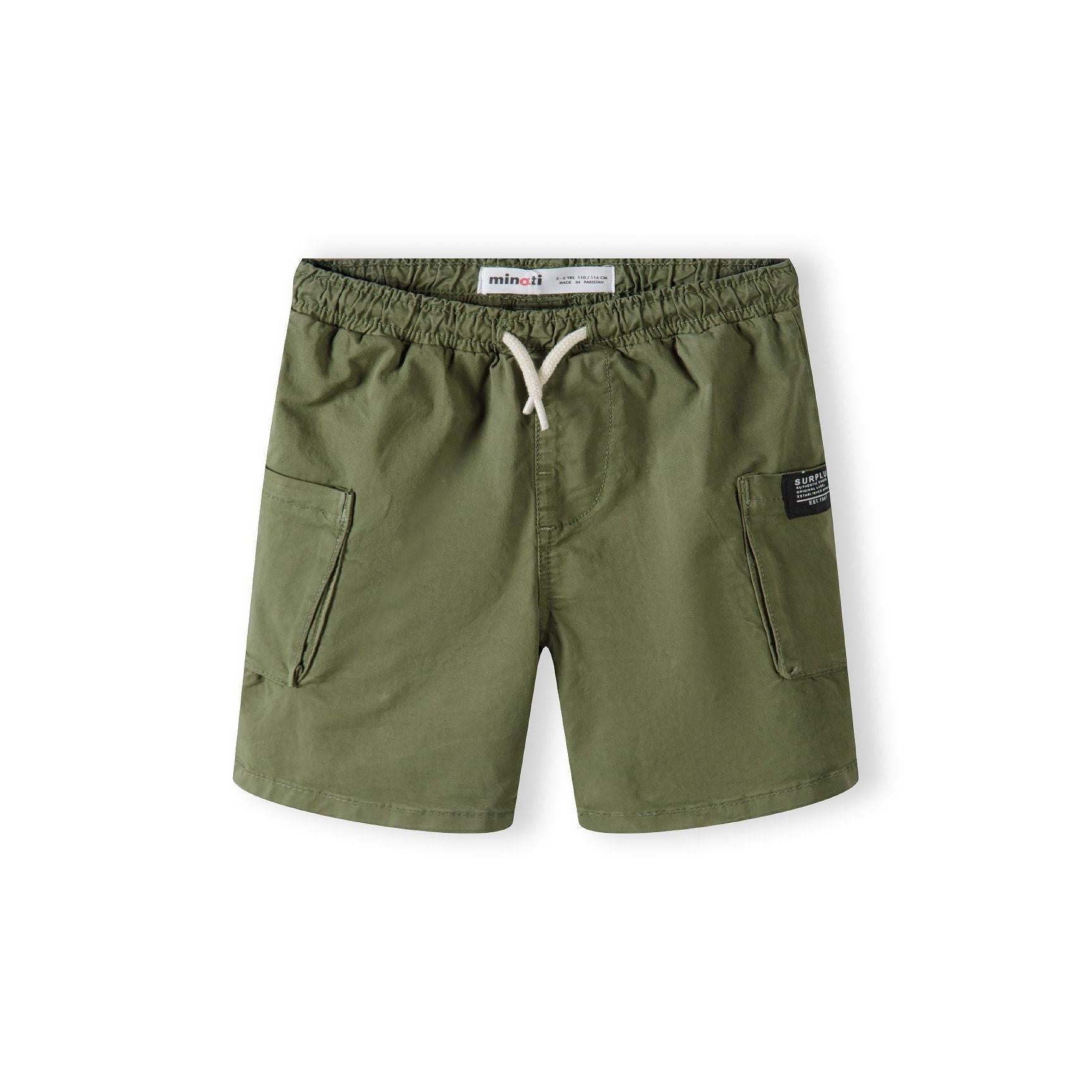Front view of khaki cargo shorts with elasticated waist and white drawstring on white background