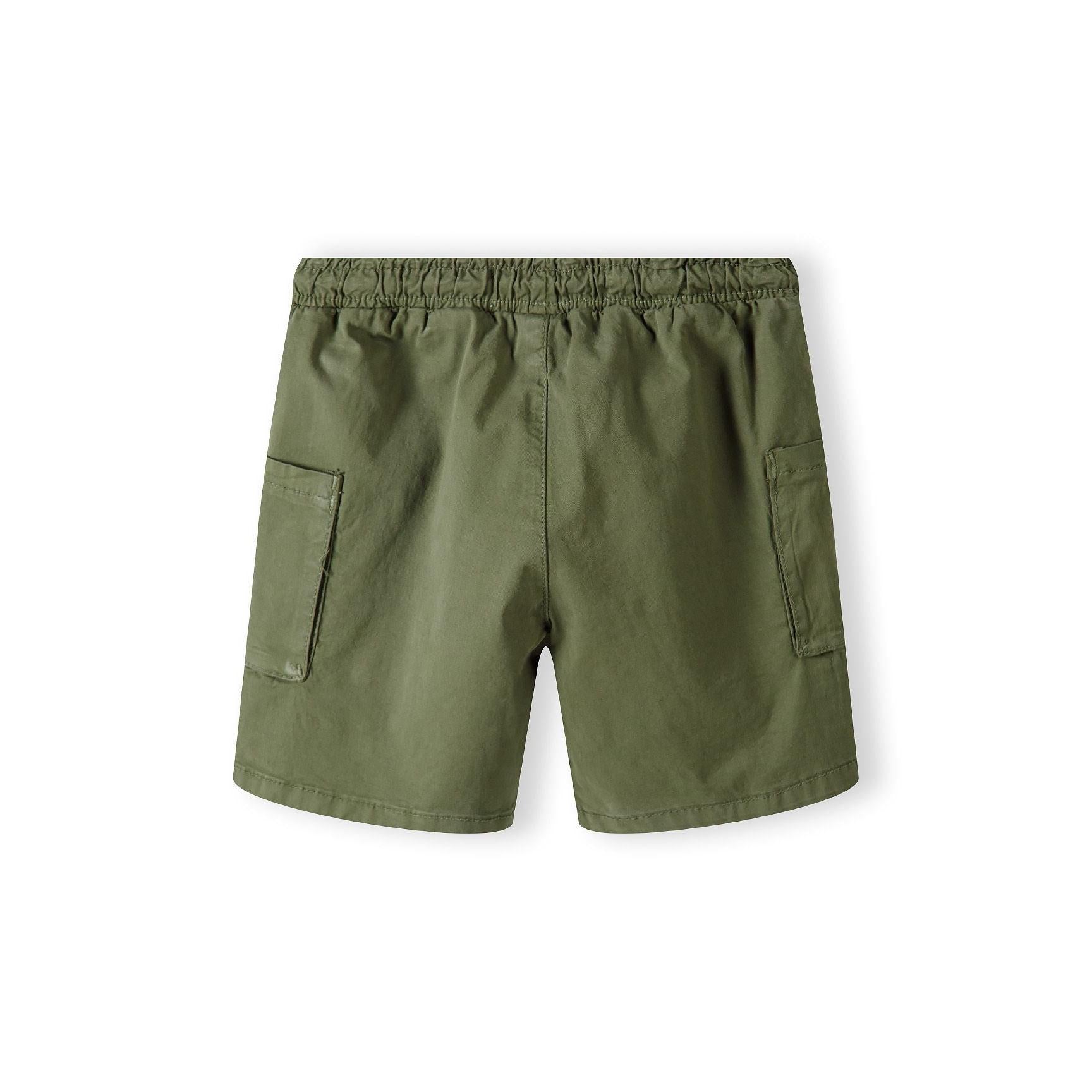 Back view of khaki cargo shorts showing elasticated waistband and rear pockets on white background