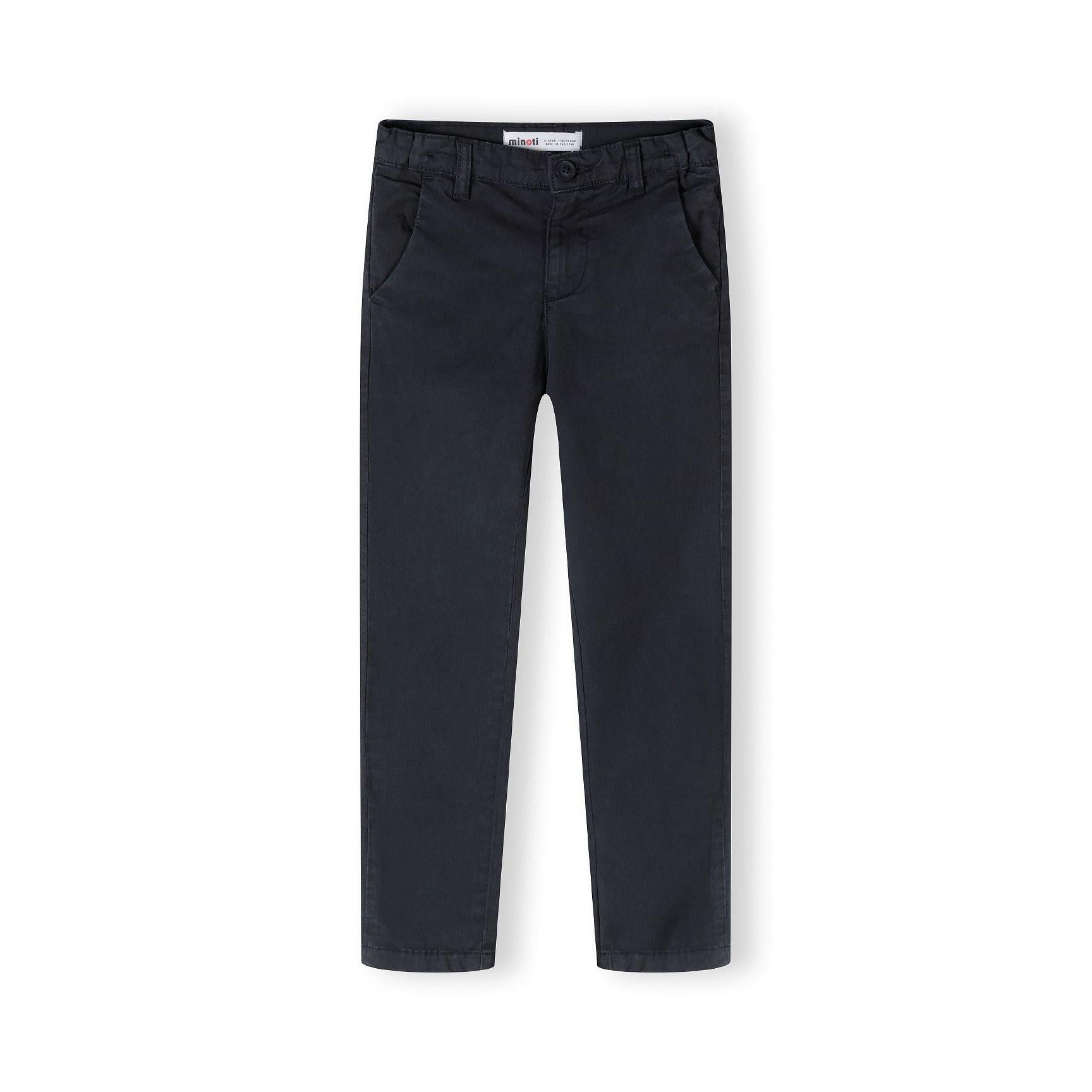Navy chino trousers for children shown from front view on white background, displaying classic tailored fit with belt loops and front pockets