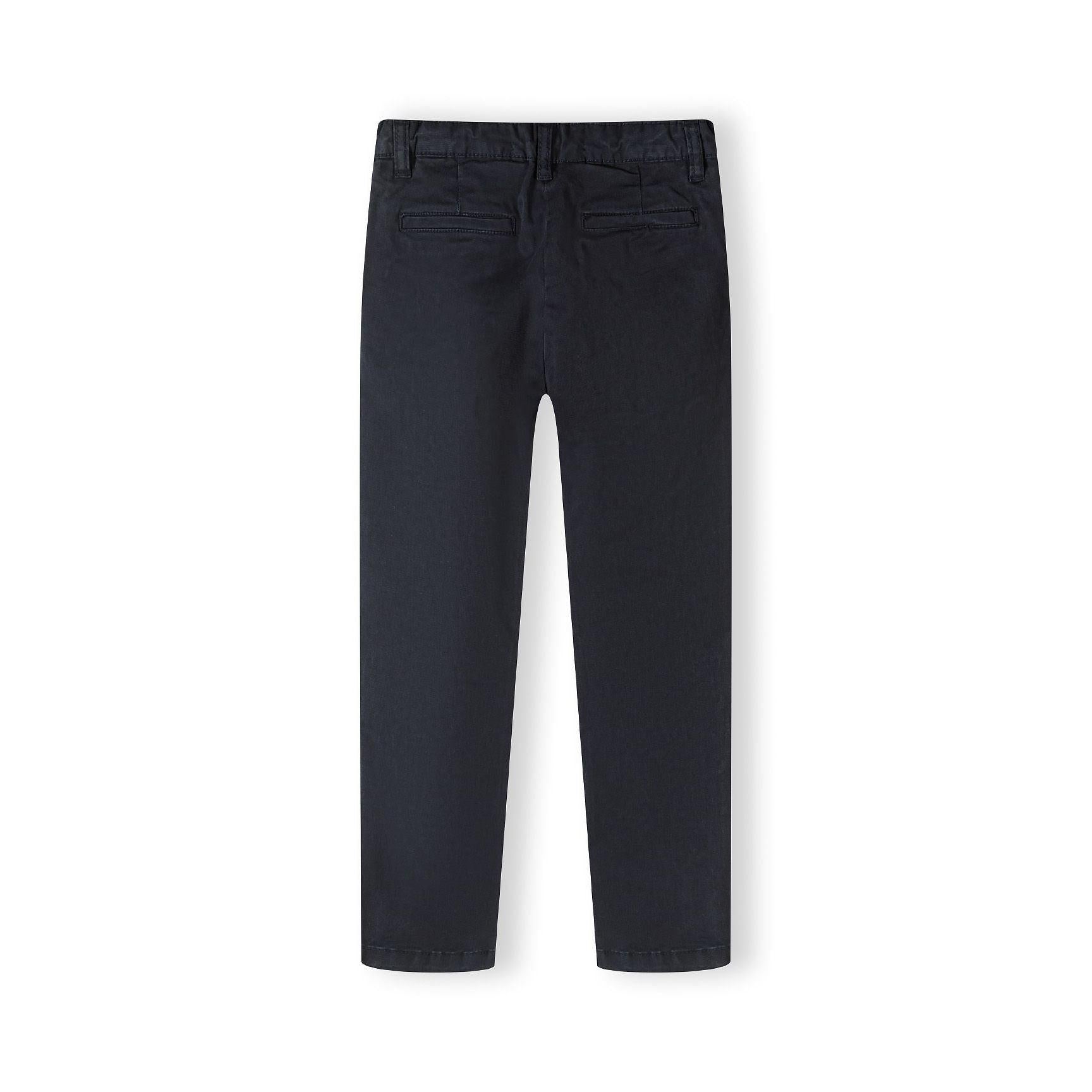 Back view of navy chino trousers showing rear pockets and tailored fit on white background