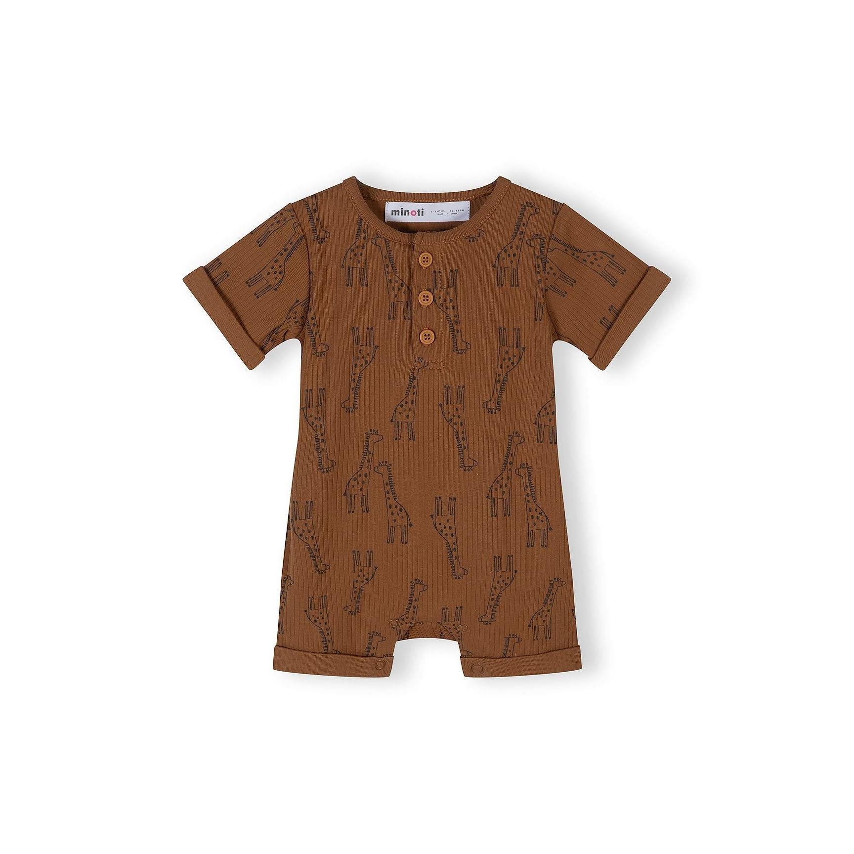 Single grey ribbed romper with black giraffe print and orange button fastening displayed against white background
