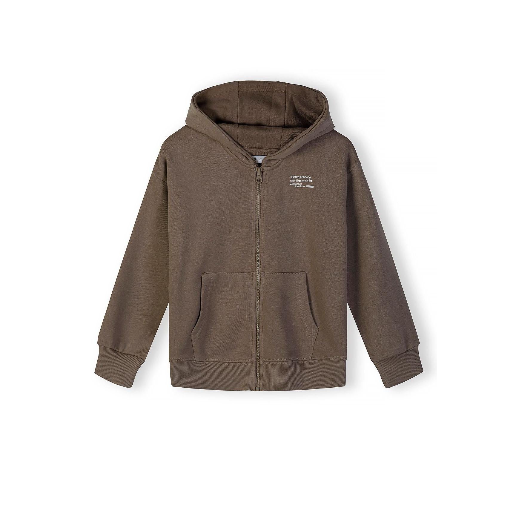 Single cream colored zip hoodie laid flat on white background showing full front view with hood, zip closure, kangaroo pocket and ribbed hem details