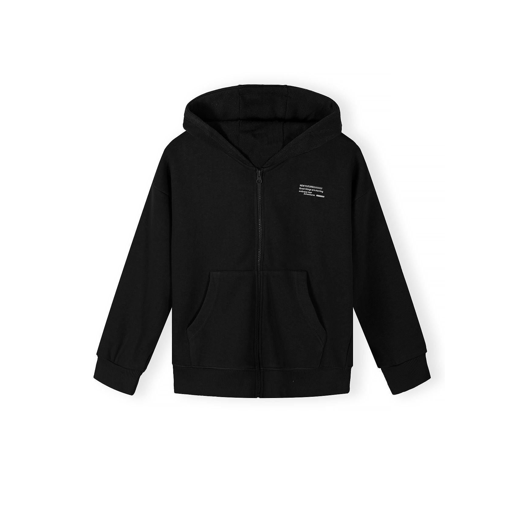 Single white zip-up hoodie displayed flat against white background, showing full front view with drawstring hood, front zipper, kangaroo pocket, and ribbed cuffs and hem